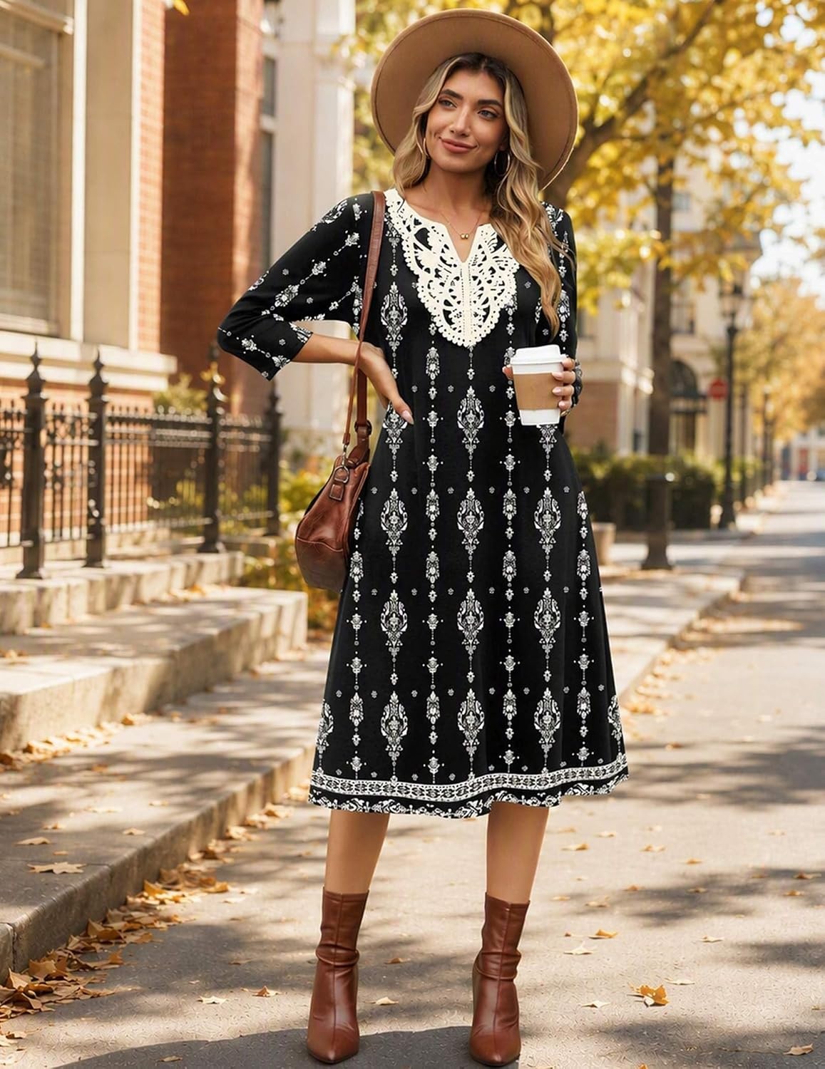 image:imageZeagoo 34 Sleeve Dress for Women Midi Dresses V Neck Lace Casual SundressBlack Printed
