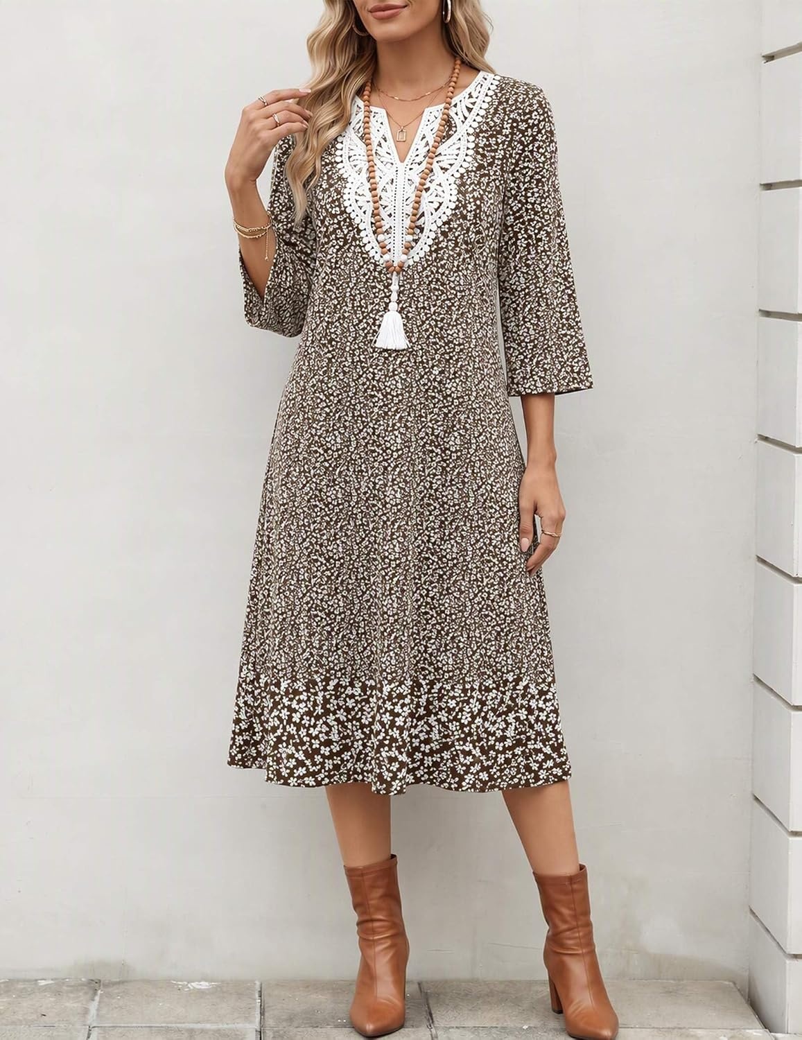 image:imageZeagoo 34 Sleeve Dress for Women Midi Dresses V Neck Lace Casual SundressLittle Brown Flower