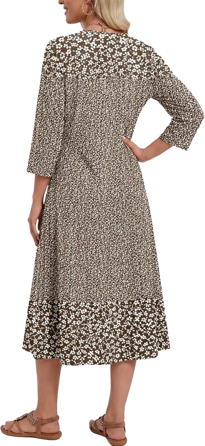 image:imageZeagoo 34 Sleeve Dress for Women Midi Dresses V Neck Lace Casual SundressLittle Brown Flower