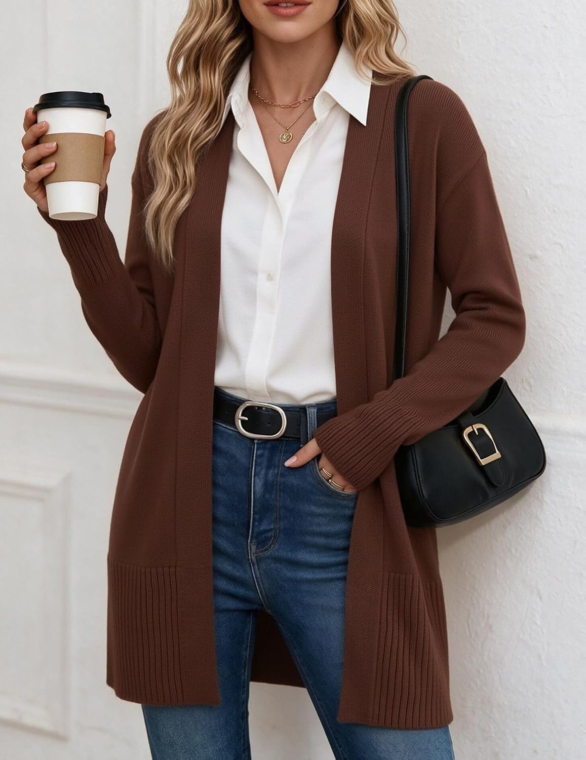 image:imageZeagoo Cardigan Sweaters for Women Open Front Cardigans Long Sleeve SweaterBrown