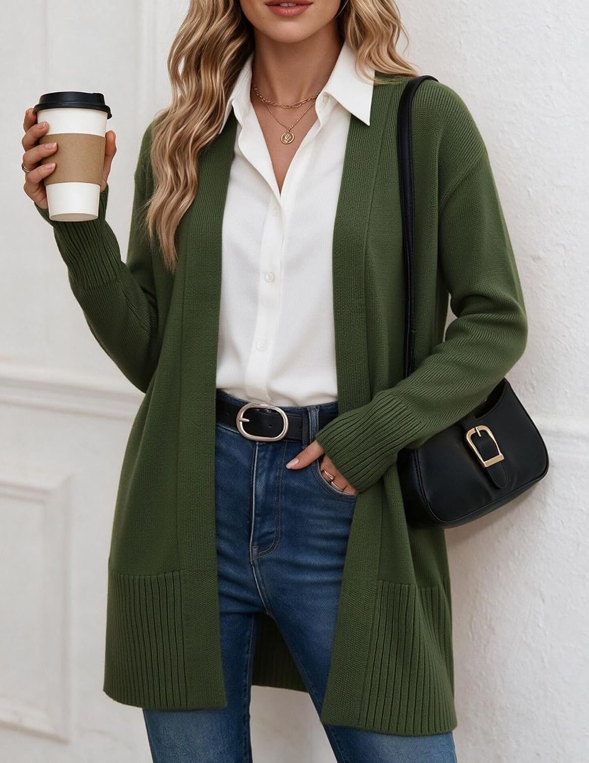 image:imageZeagoo Cardigan Sweaters for Women Open Front Cardigans Long Sleeve SweaterGreen
