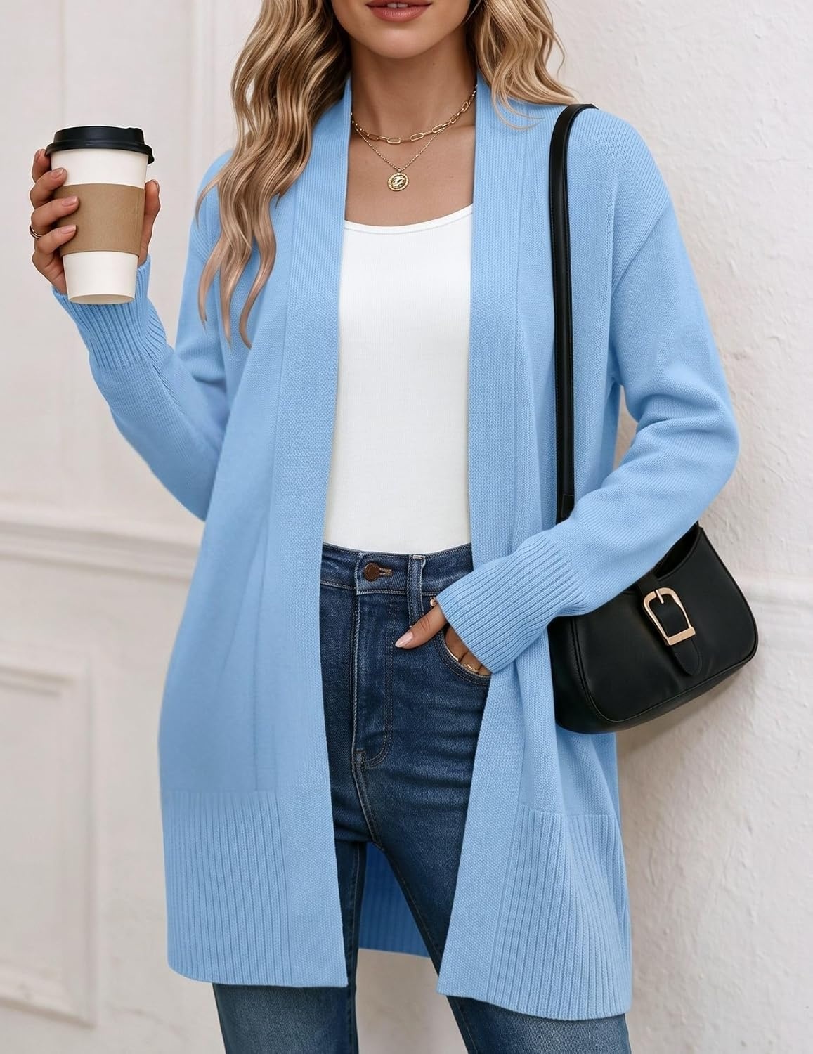 image:imageZeagoo Cardigan Sweaters for Women Open Front Cardigans Long Sleeve SweaterLight Blue