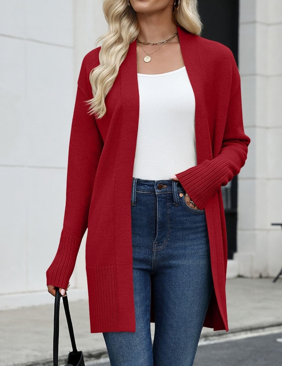 image:imageZeagoo Cardigan Sweaters for Women Open Front Cardigans Long Sleeve SweaterRed