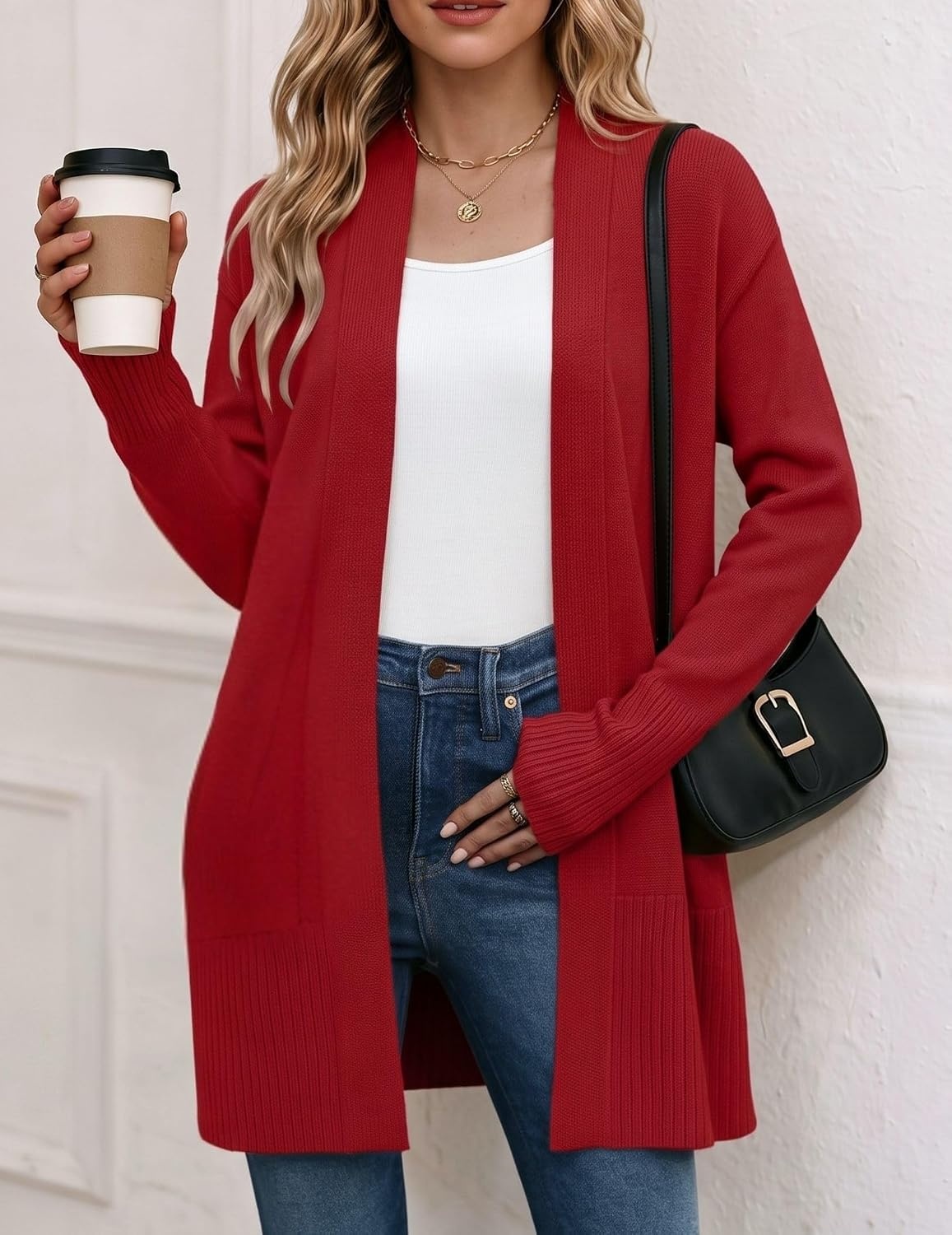 image:imageZeagoo Cardigan Sweaters for Women Open Front Cardigans Long Sleeve SweaterRed