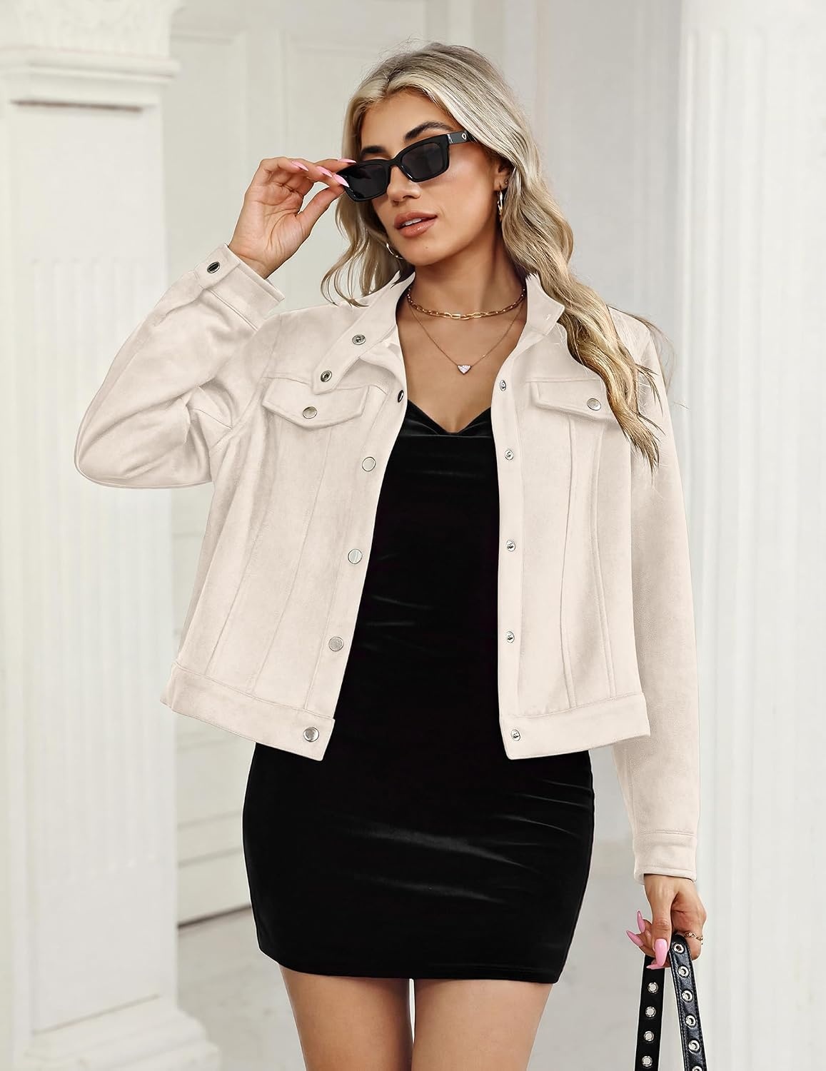 image:imageZeagoo Faux Suede Cropped Jackets for Women Trendy Fall Shackets CoatsBeige