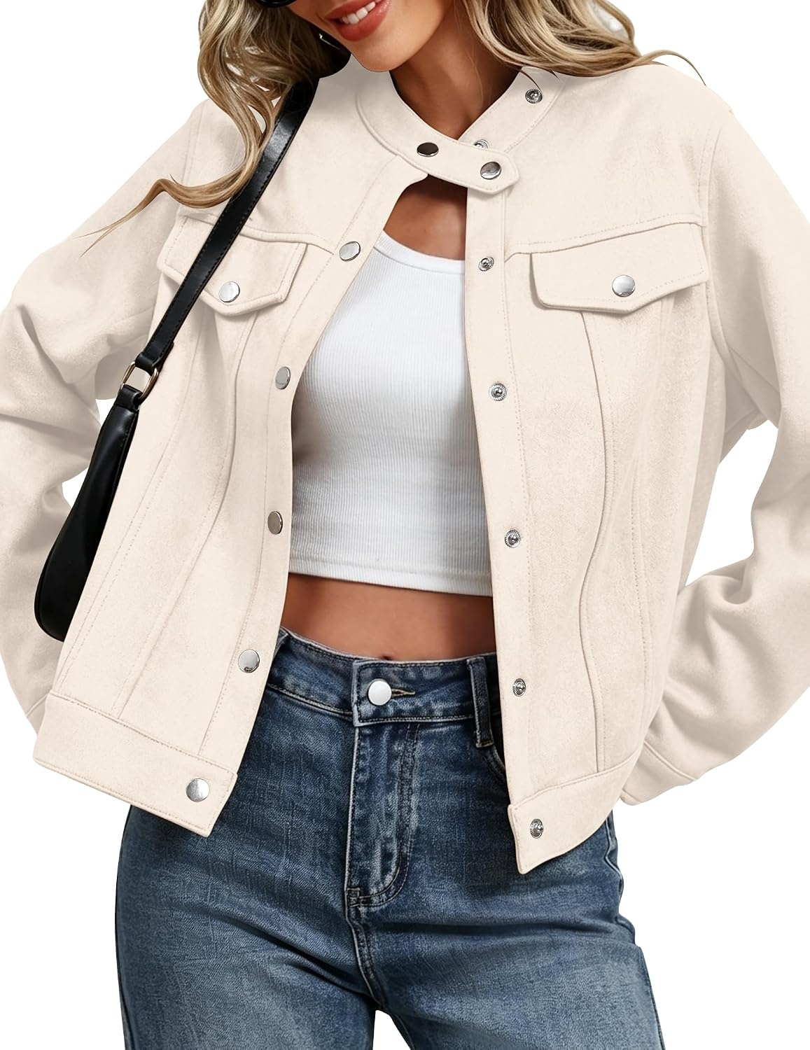 image:imageZeagoo Faux Suede Cropped Jackets for Women Trendy Fall Shackets CoatsBeige