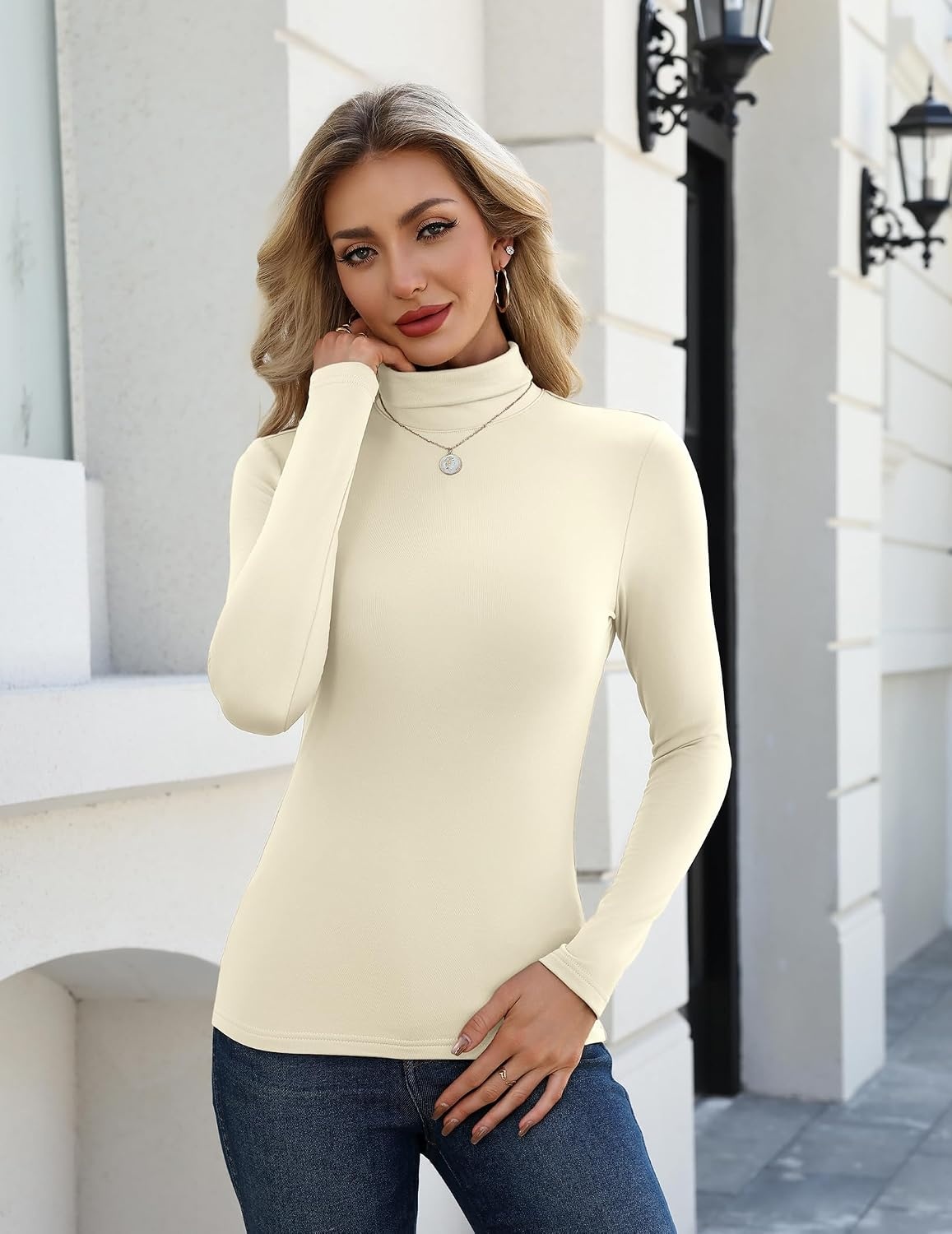image:imageZeagoo Long Sleeve Mock Neck Tops Slim Fit Shirt Fleece Lined Thermal TeeBeige