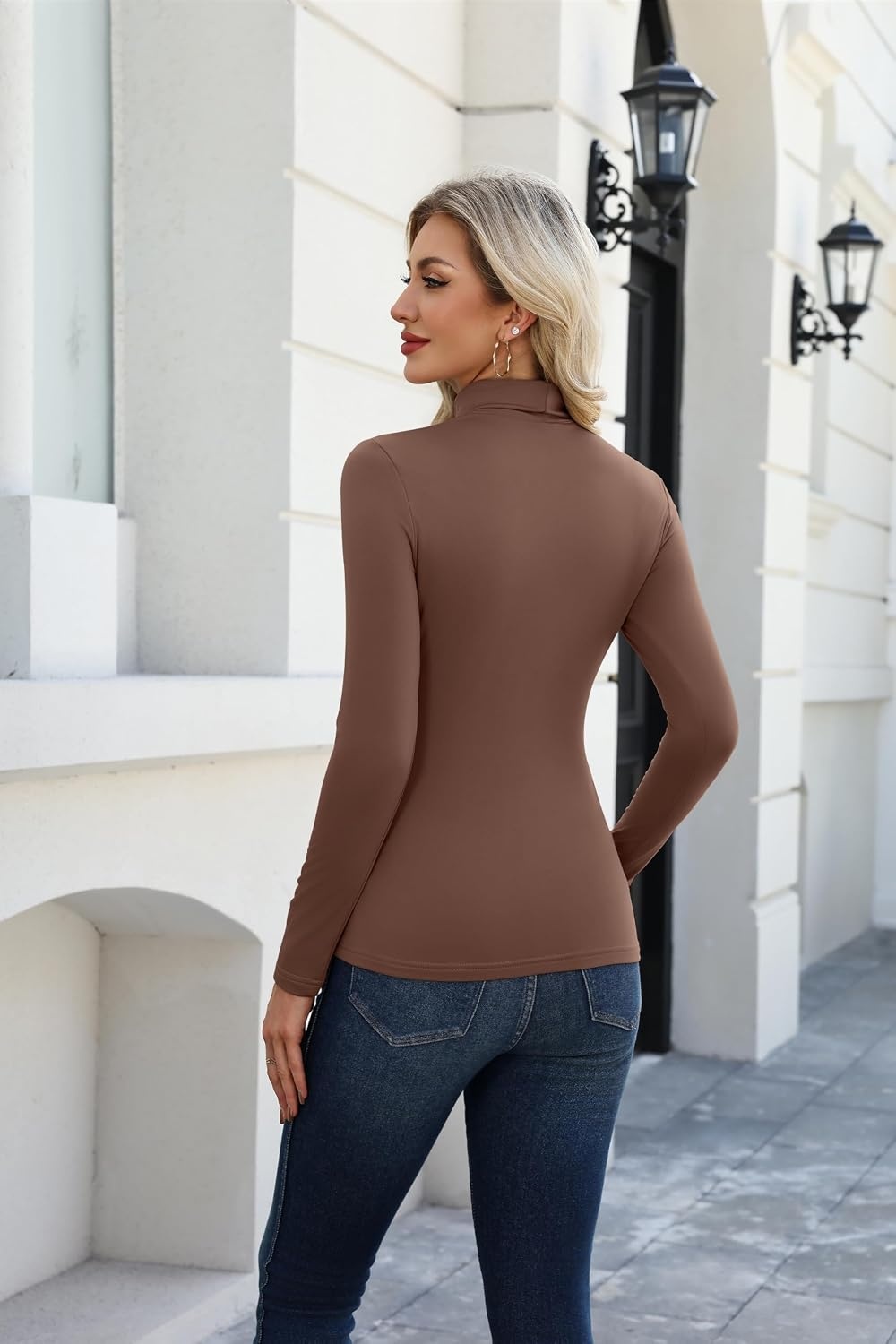 image:imageZeagoo Long Sleeve Mock Neck Tops Slim Fit Shirt Fleece Lined Thermal TeeBrown
