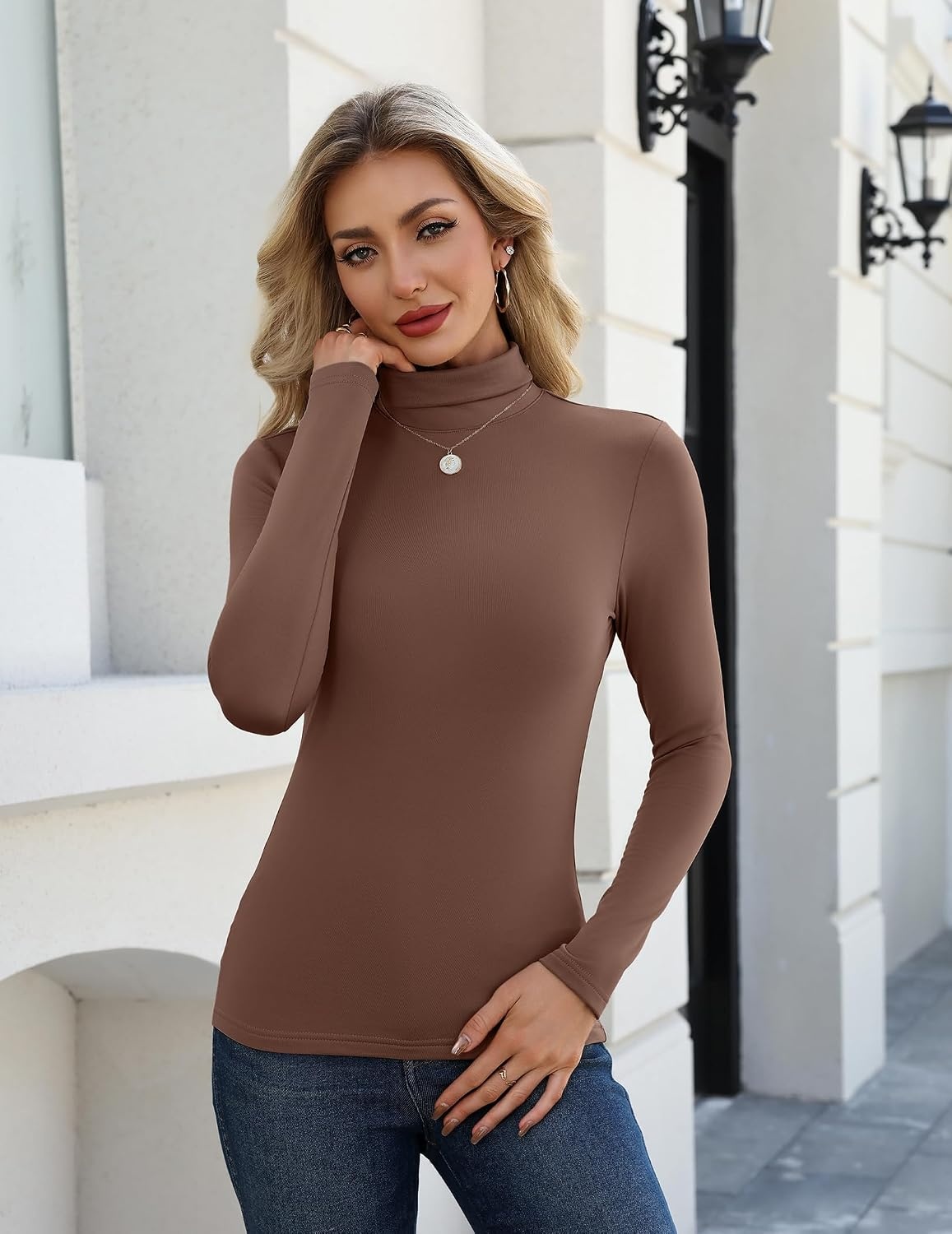 image:imageZeagoo Long Sleeve Mock Neck Tops Slim Fit Shirt Fleece Lined Thermal TeeBrown