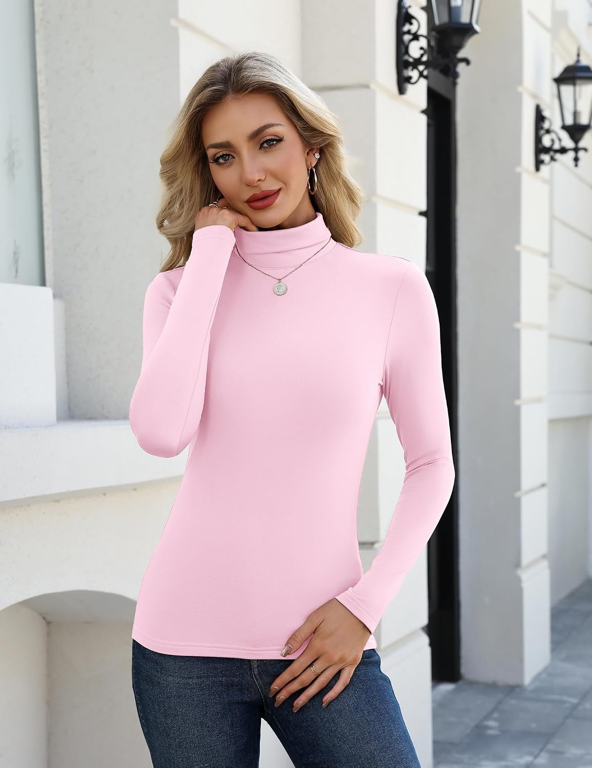 image:imageZeagoo Long Sleeve Mock Neck Tops Slim Fit Shirt Fleece Lined Thermal TeePink