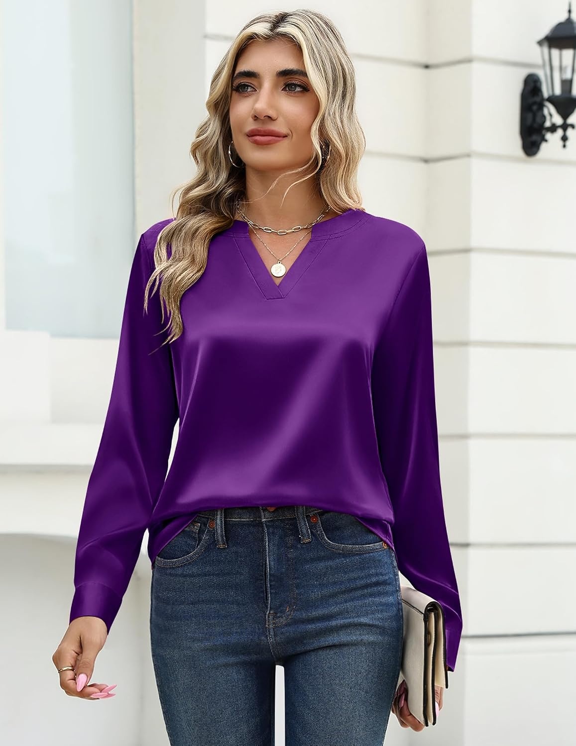 image:imageZeagoo Satin Blouses for Women Silk Tops Long Sleeve Shirts Fall ClothesPurple