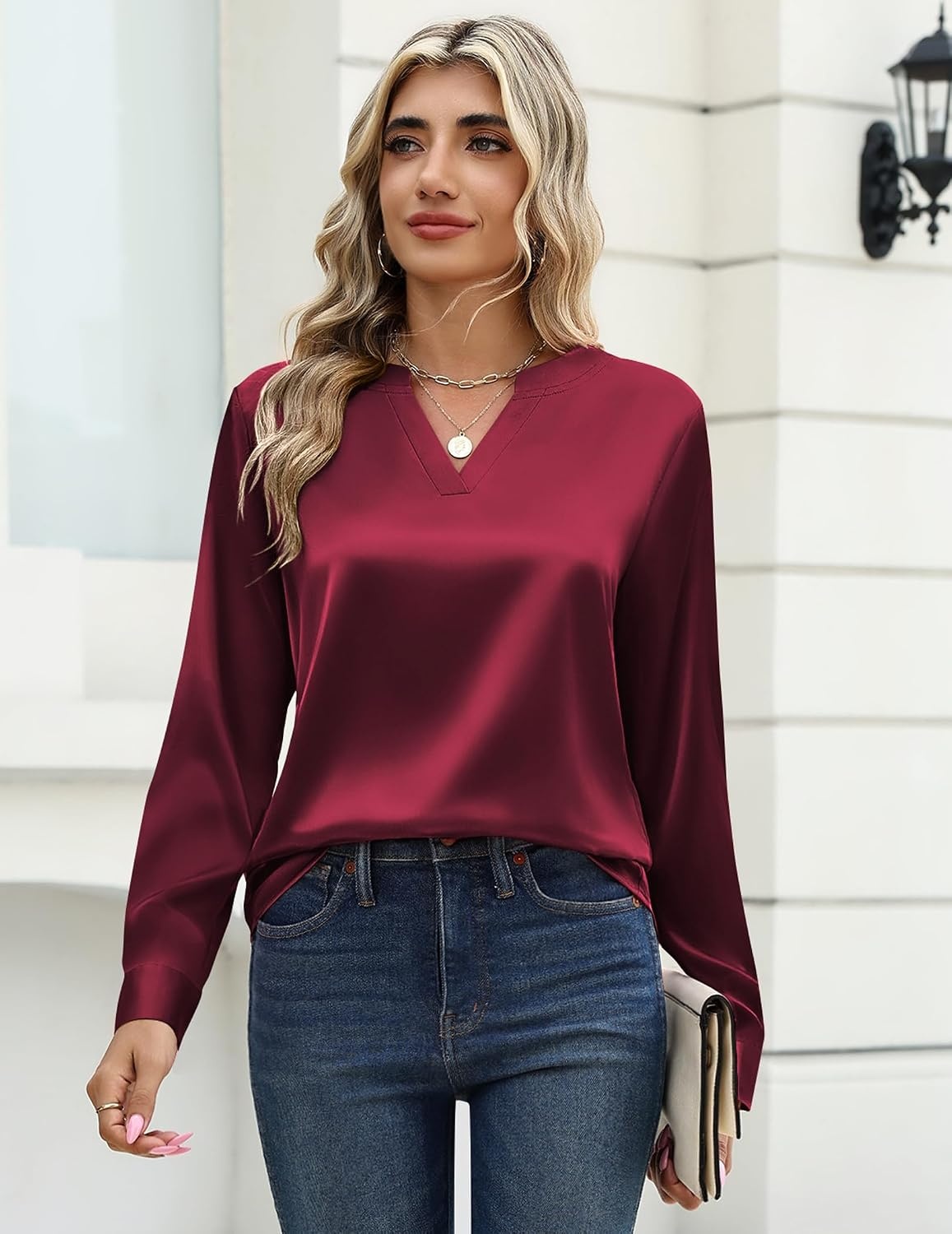 image:imageZeagoo Satin Blouses for Women Silk Tops Long Sleeve Shirts Fall ClothesWine Red