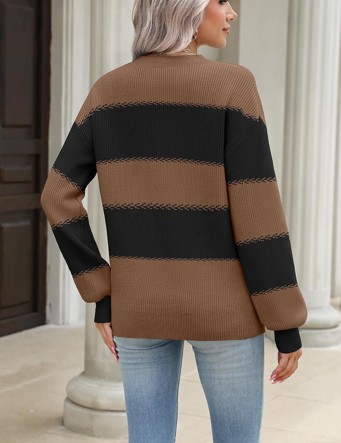 image:imageZeagoo Sweaters for Women 2026 Loose Fit Chunky Knit Casual Fall Outfits04 Black Brown Block