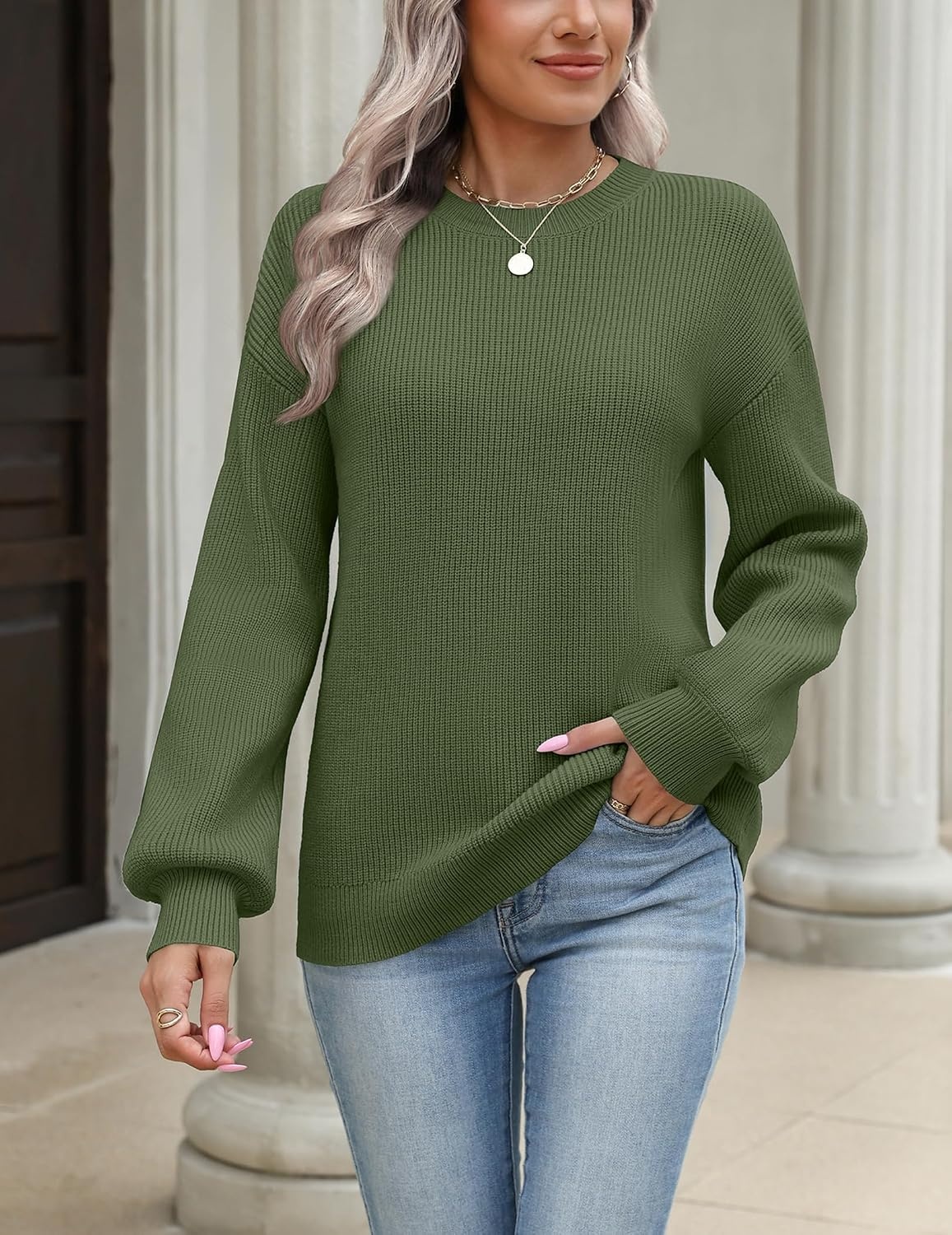 image:imageZeagoo Sweaters for Women 2026 Loose Fit Chunky Knit Casual Fall OutfitsArmy Green