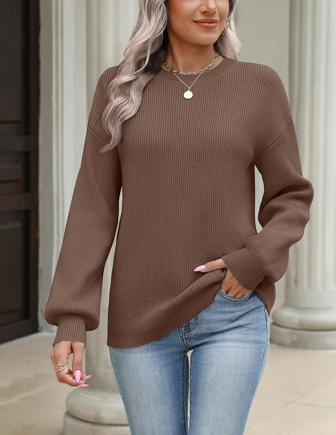 image:imageZeagoo Sweaters for Women 2026 Loose Fit Chunky Knit Casual Fall OutfitsBrown