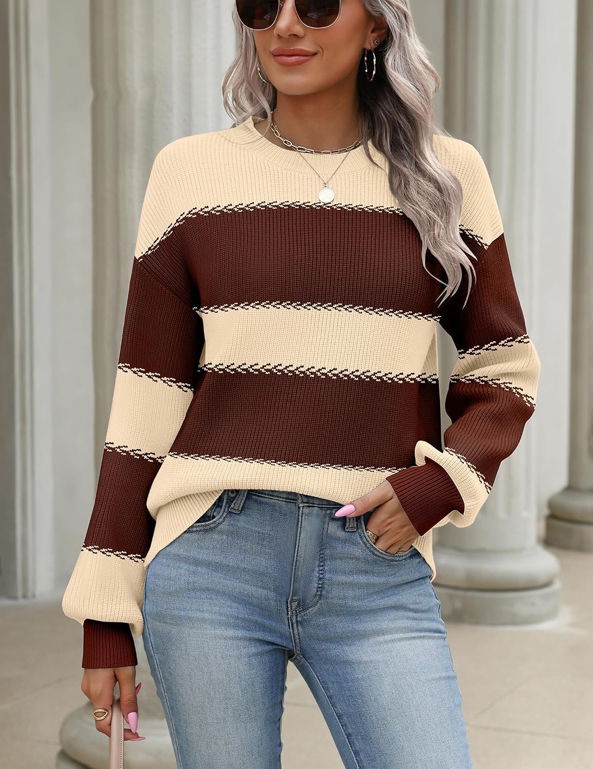 image:imageZeagoo Sweaters for Women 2026 Loose Fit Chunky Knit Casual Fall OutfitsBrown Beige Block