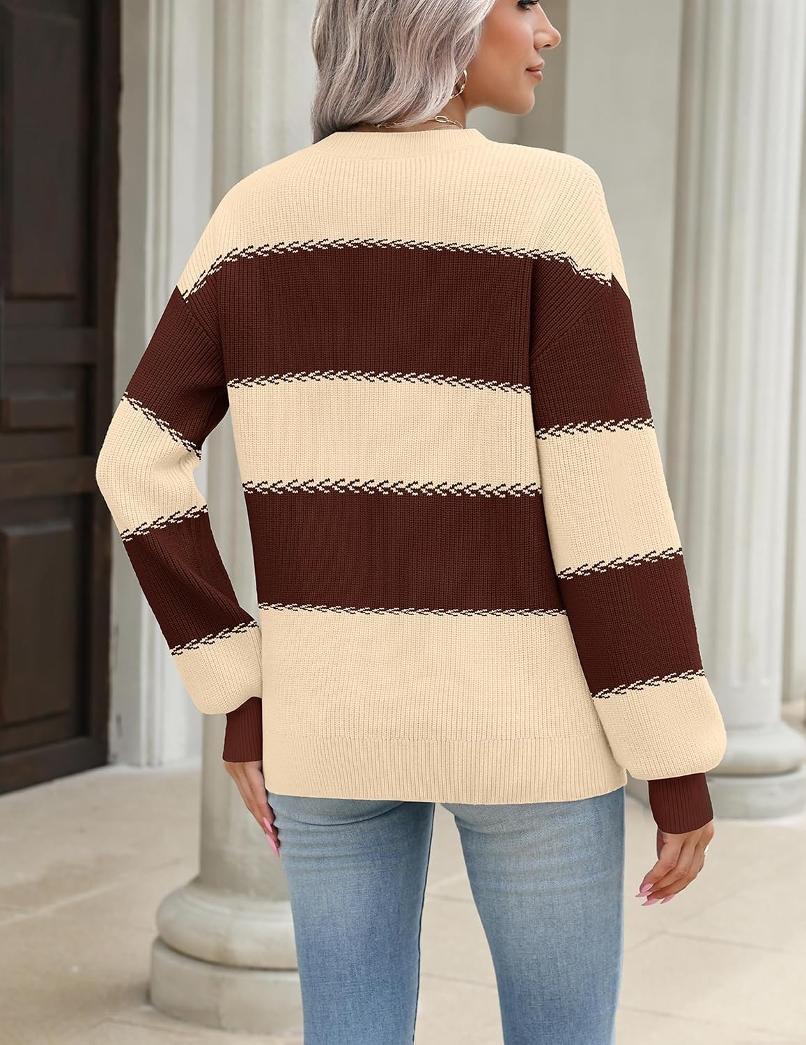 image:imageZeagoo Sweaters for Women 2026 Loose Fit Chunky Knit Casual Fall OutfitsBrown Beige Block