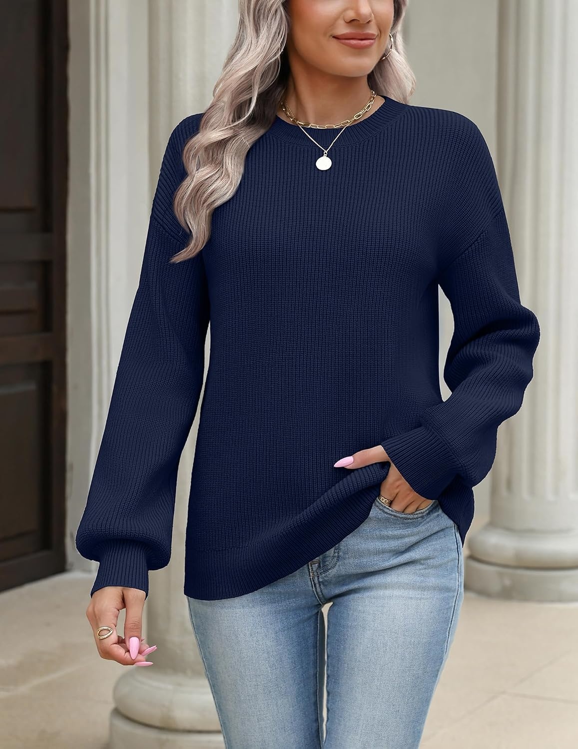 image:imageZeagoo Sweaters for Women 2026 Loose Fit Chunky Knit Casual Fall OutfitsNavy Blue