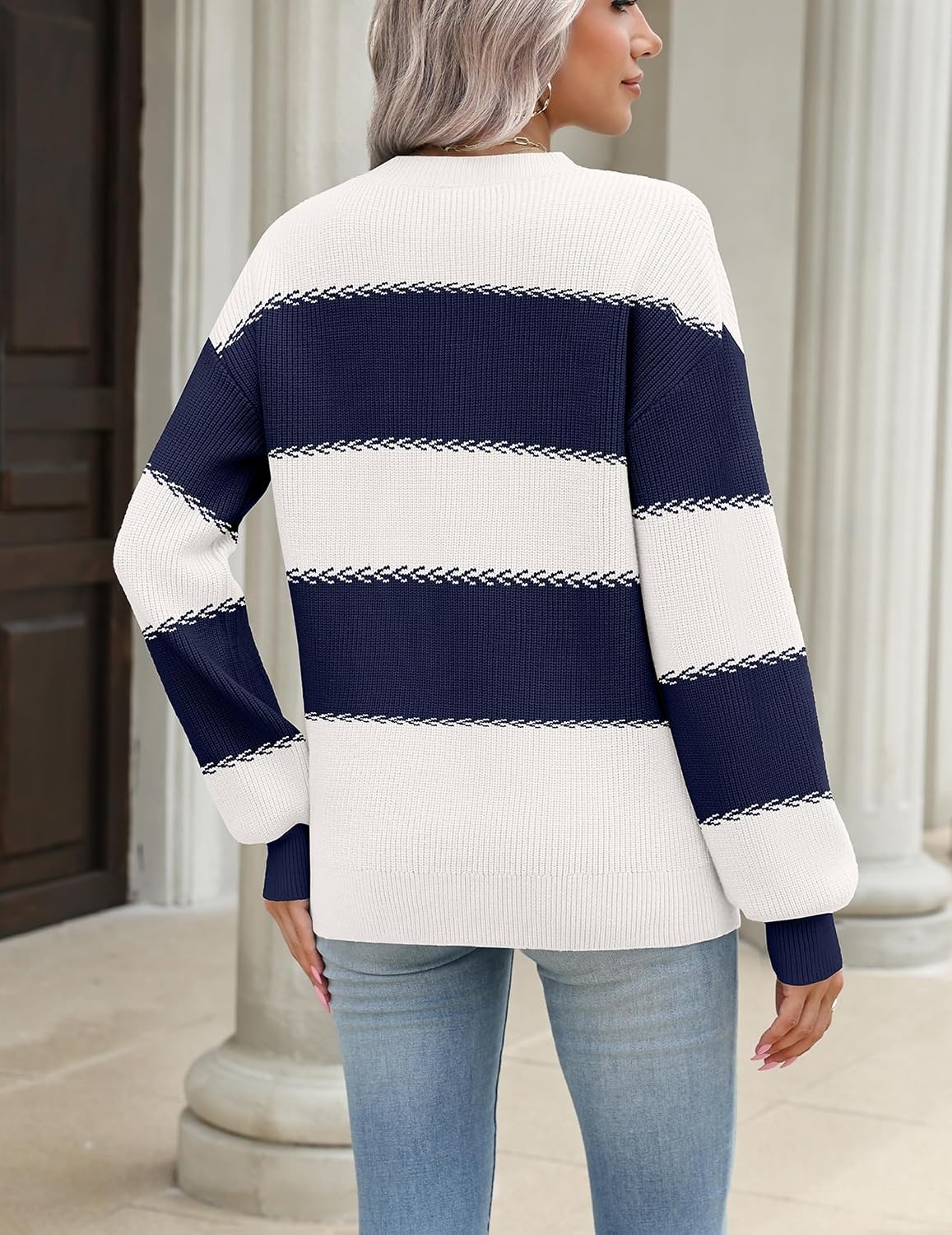 image:imageZeagoo Sweaters for Women 2026 Loose Fit Chunky Knit Casual Fall OutfitsNavy White Block