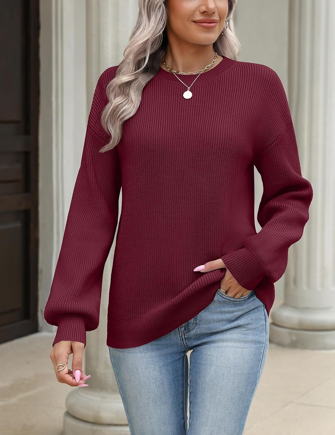 image:imageZeagoo Sweaters for Women 2026 Loose Fit Chunky Knit Casual Fall OutfitsWine Red