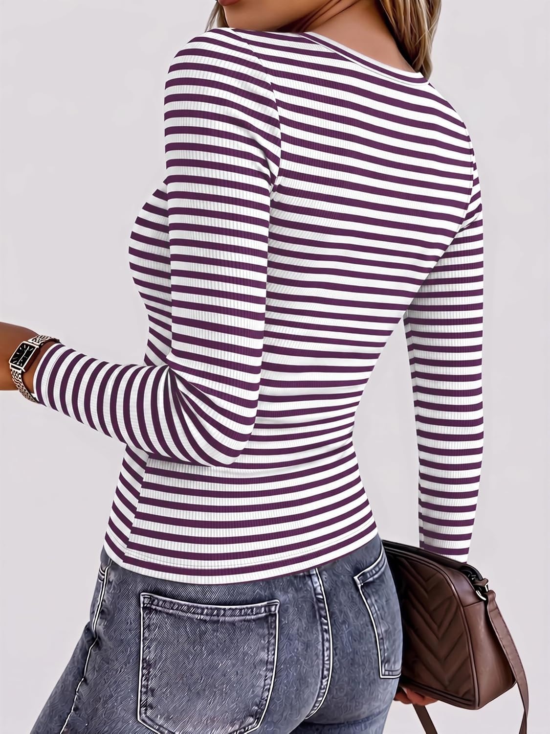 image:imageZeagoo Women Long Sleeve Shirts Ribbed Tops Crewneck Basic TeePurple Stripe