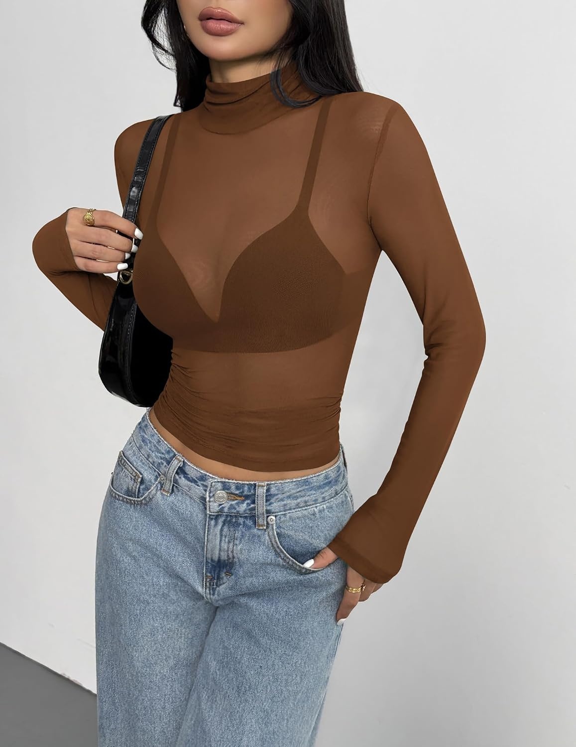image:imageZeagoo Women Mesh Sheer Top Long Sleeve Sexy Shirt Slim Fitted Fall ClothesBrown