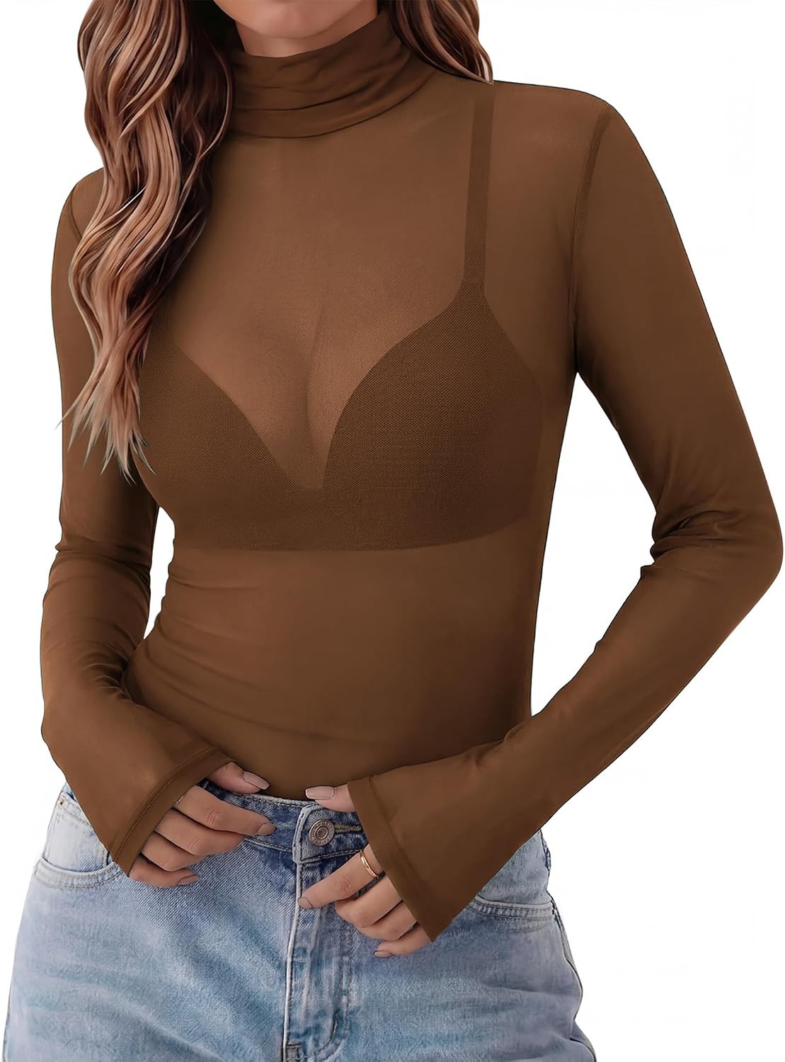 image:imageZeagoo Women Mesh Sheer Top Long Sleeve Sexy Shirt Slim Fitted Fall ClothesBrown