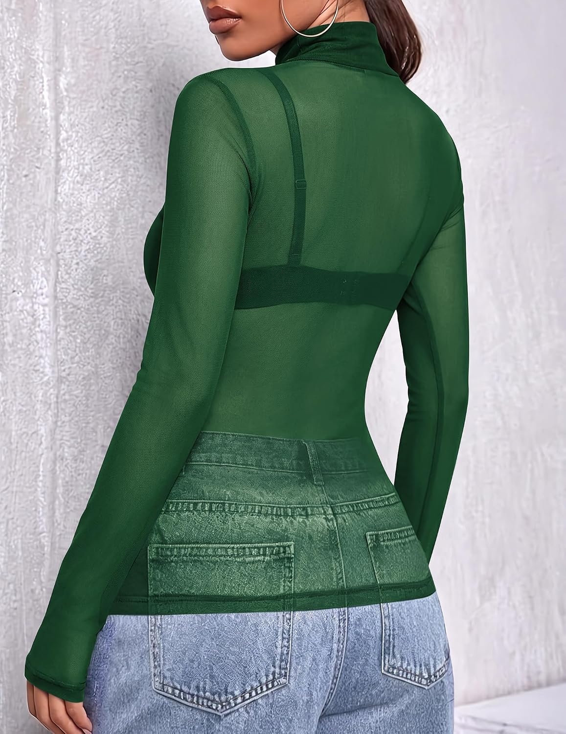 image:imageZeagoo Women Mesh Sheer Top Long Sleeve Sexy Shirt Slim Fitted Fall ClothesGreen