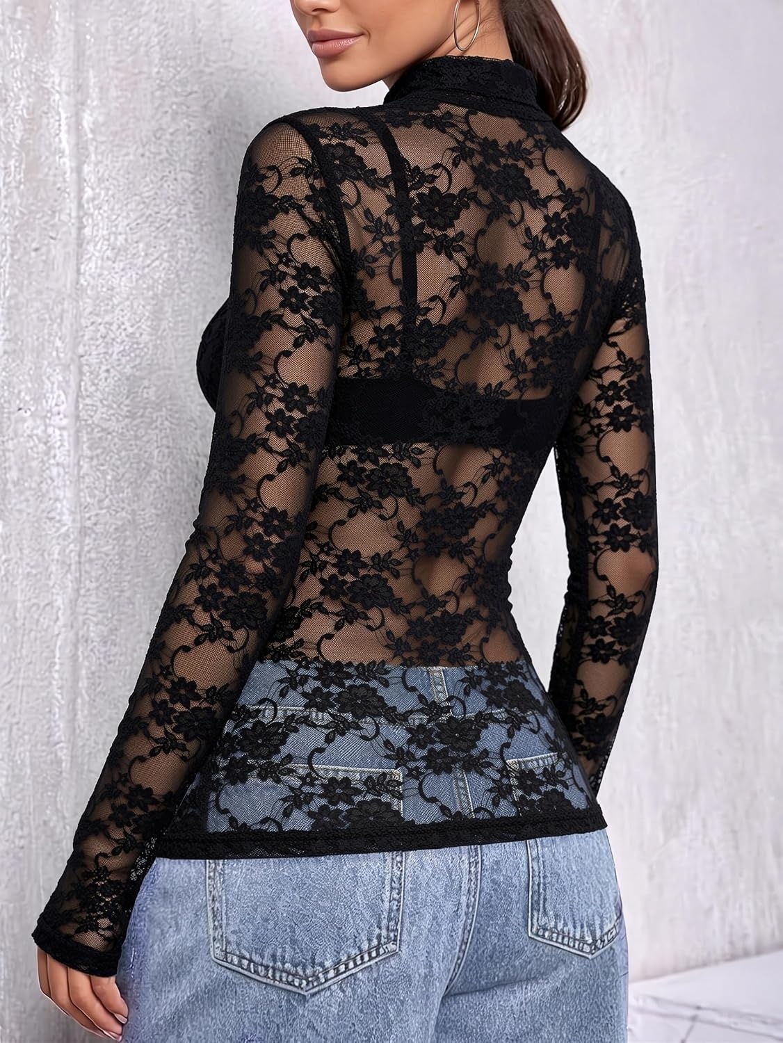 image:imageZeagoo Women Mesh Sheer Top Long Sleeve Sexy Shirt Slim Fitted Fall ClothesLace Black