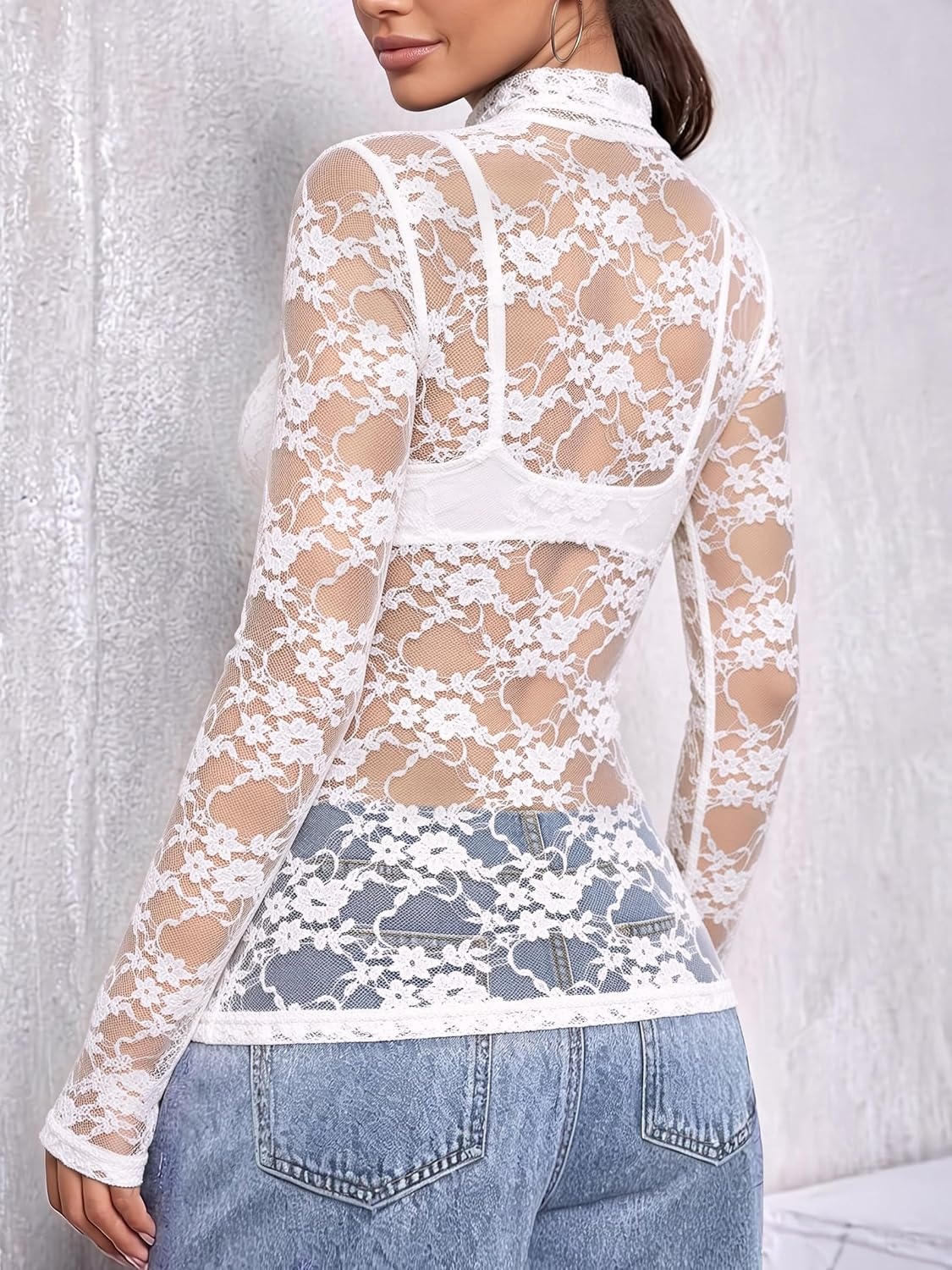 image:imageZeagoo Women Mesh Sheer Top Long Sleeve Sexy Shirt Slim Fitted Fall ClothesLace White