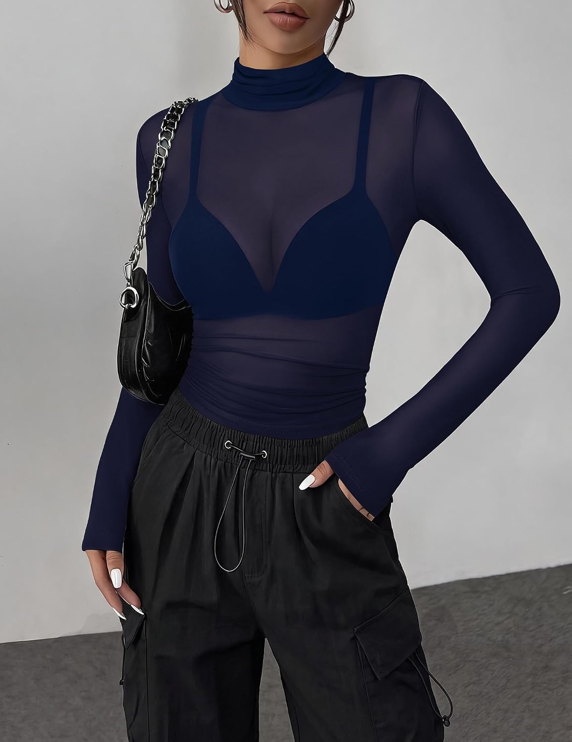 image:imageZeagoo Women Mesh Sheer Top Long Sleeve Sexy Shirt Slim Fitted Fall ClothesNavy