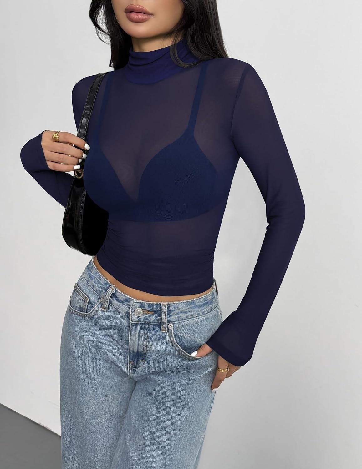 image:imageZeagoo Women Mesh Sheer Top Long Sleeve Sexy Shirt Slim Fitted Fall ClothesNavy