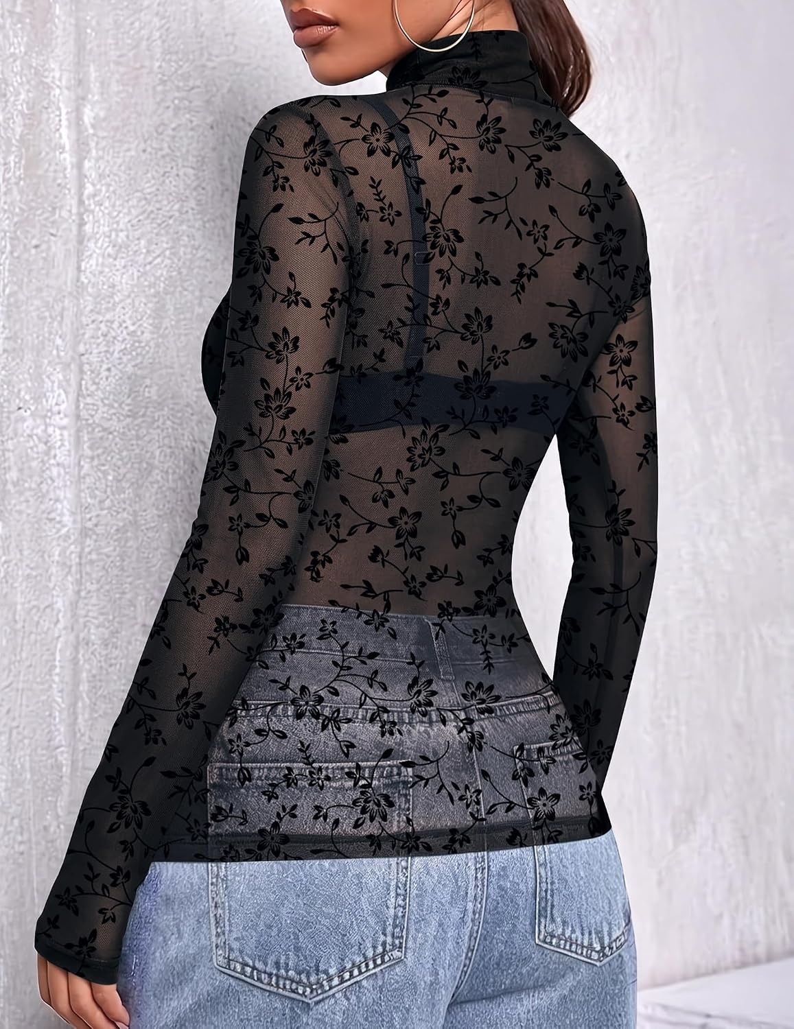 image:imageZeagoo Women Mesh Sheer Top Long Sleeve Sexy Shirt Slim Fitted Fall ClothesPlant Printzw781