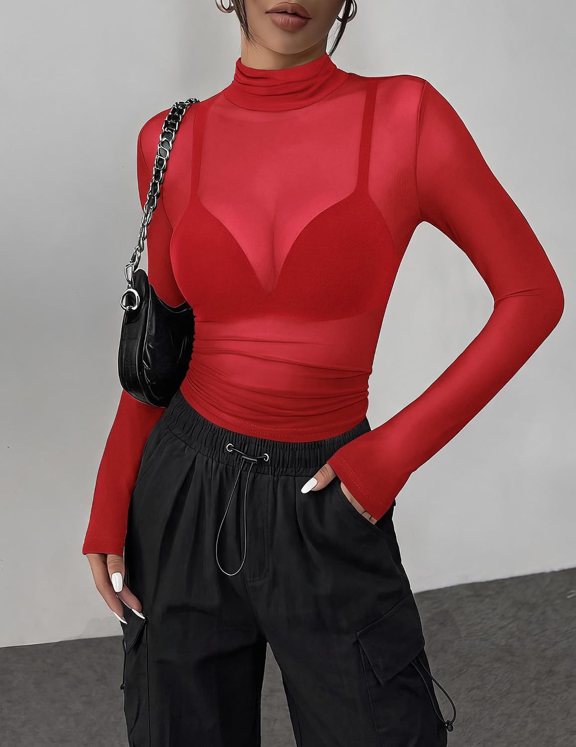 image:imageZeagoo Women Mesh Sheer Top Long Sleeve Sexy Shirt Slim Fitted Fall ClothesRed