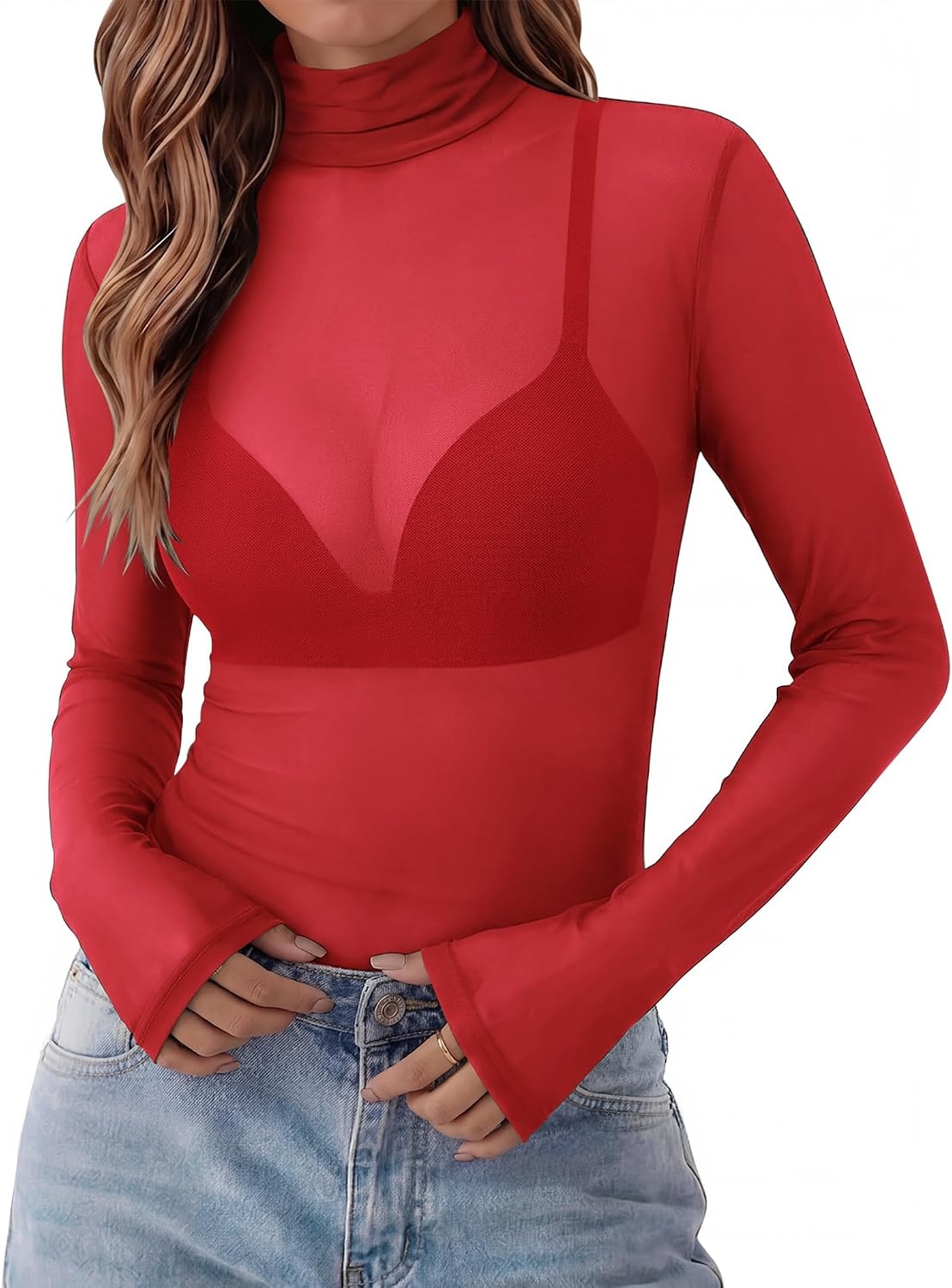 image:imageZeagoo Women Mesh Sheer Top Long Sleeve Sexy Shirt Slim Fitted Fall ClothesRed
