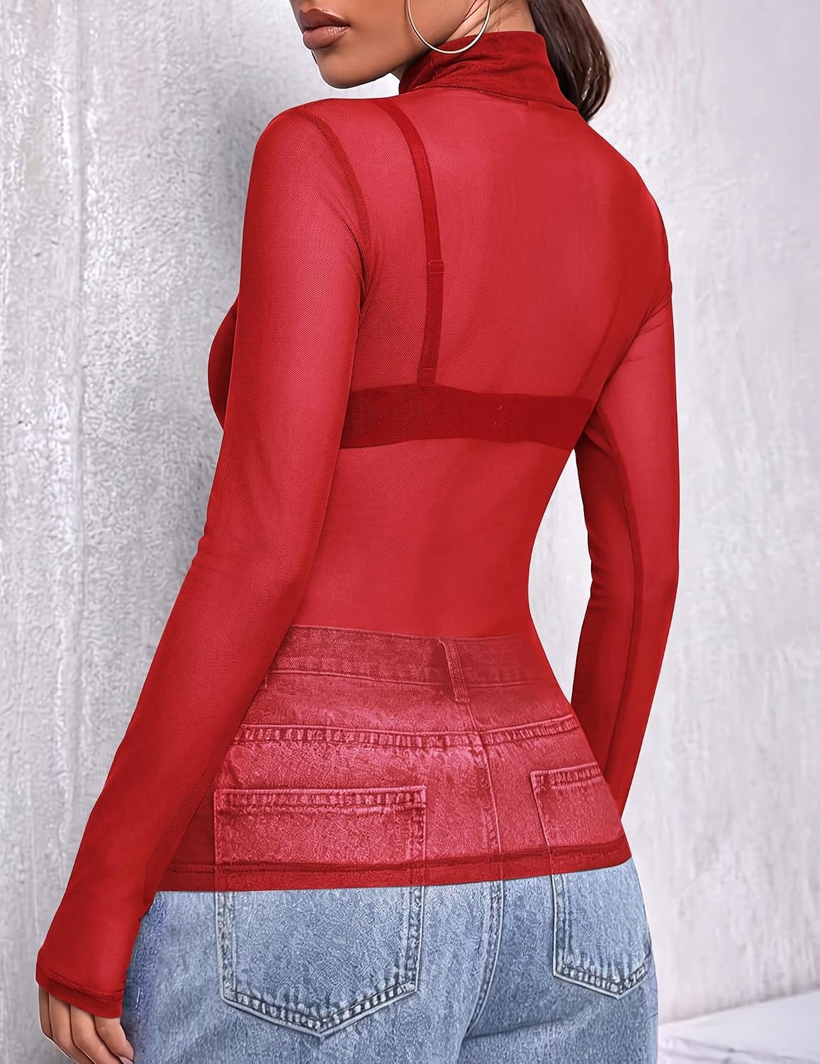 image:imageZeagoo Women Mesh Sheer Top Long Sleeve Sexy Shirt Slim Fitted Fall ClothesRed