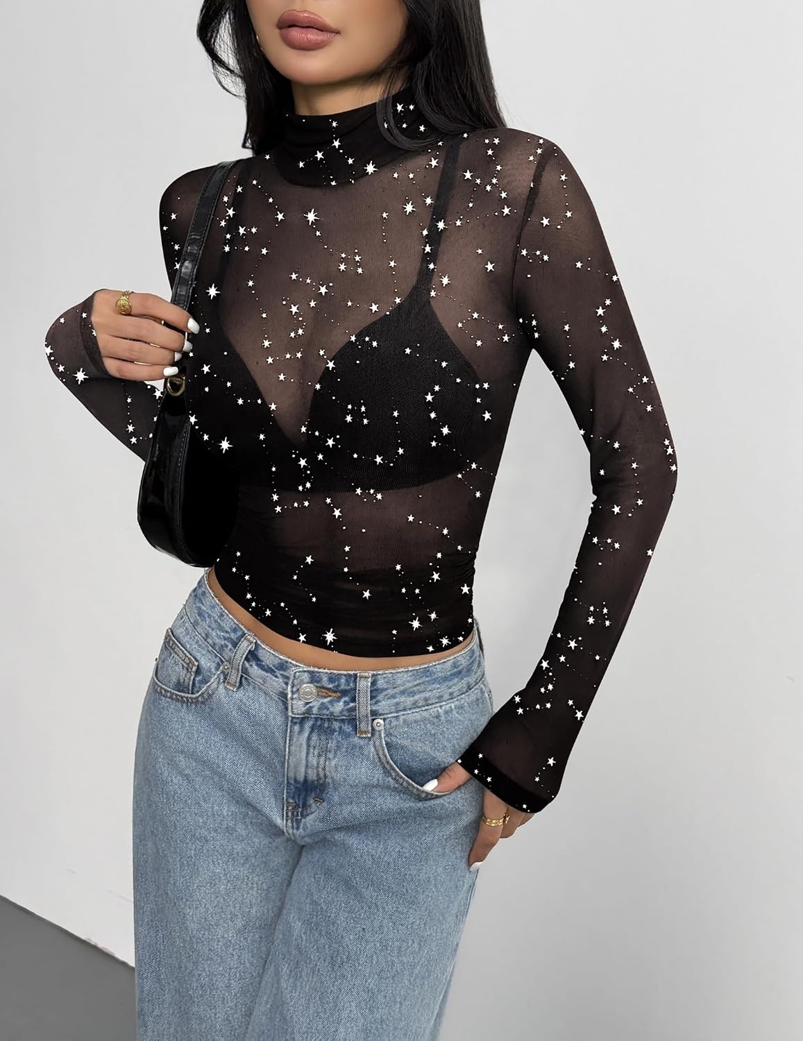 image:imageZeagoo Women Mesh Sheer Top Long Sleeve Sexy Shirt Slim Fitted Fall ClothesSilver Starkt61