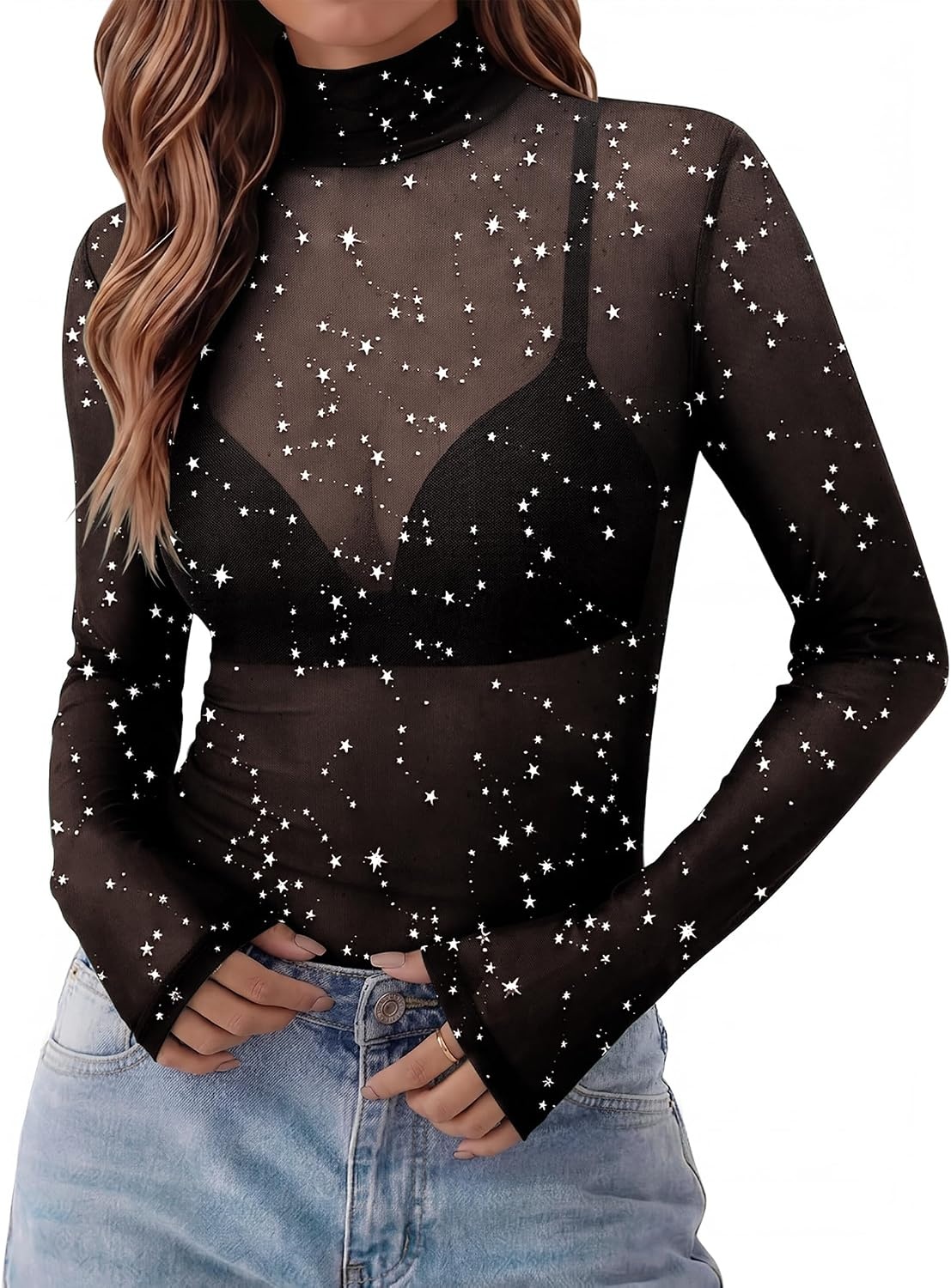 image:imageZeagoo Women Mesh Sheer Top Long Sleeve Sexy Shirt Slim Fitted Fall ClothesSilver Starkt61