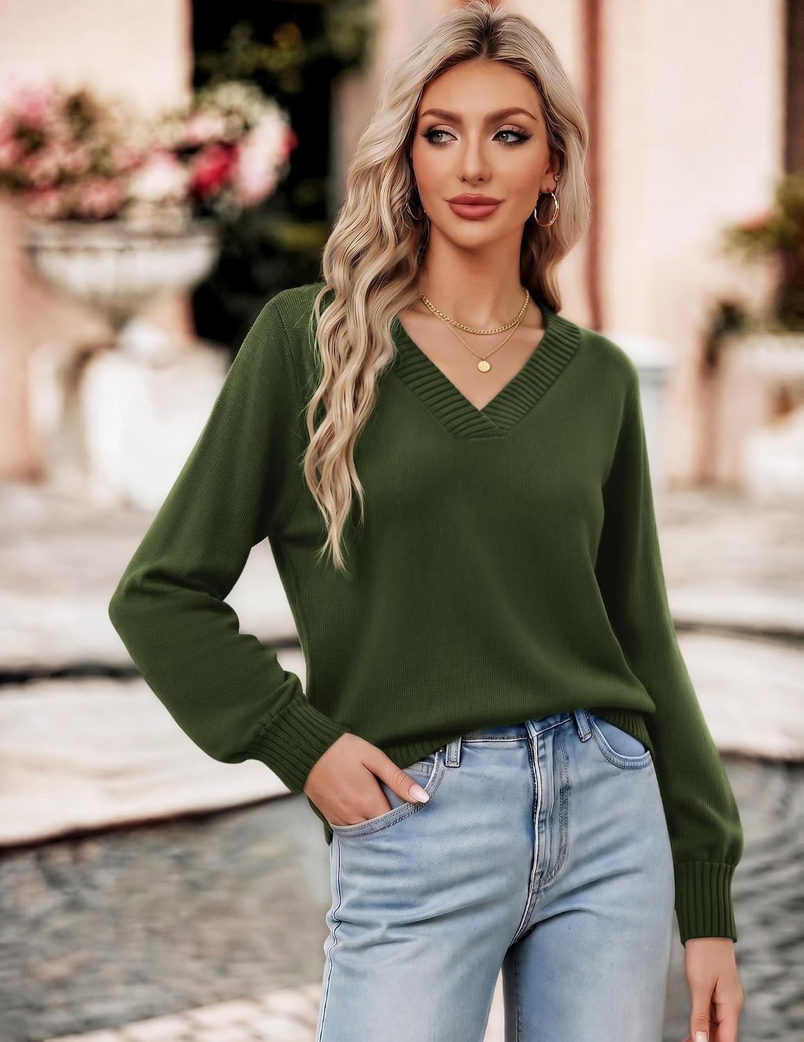 image:imageZeagoo Womens Cropped V Neck Sweaters 2026 Fall Trendy Long Latern Sleeve Ribbed Knit Pullover Sweater TopsArmy Green