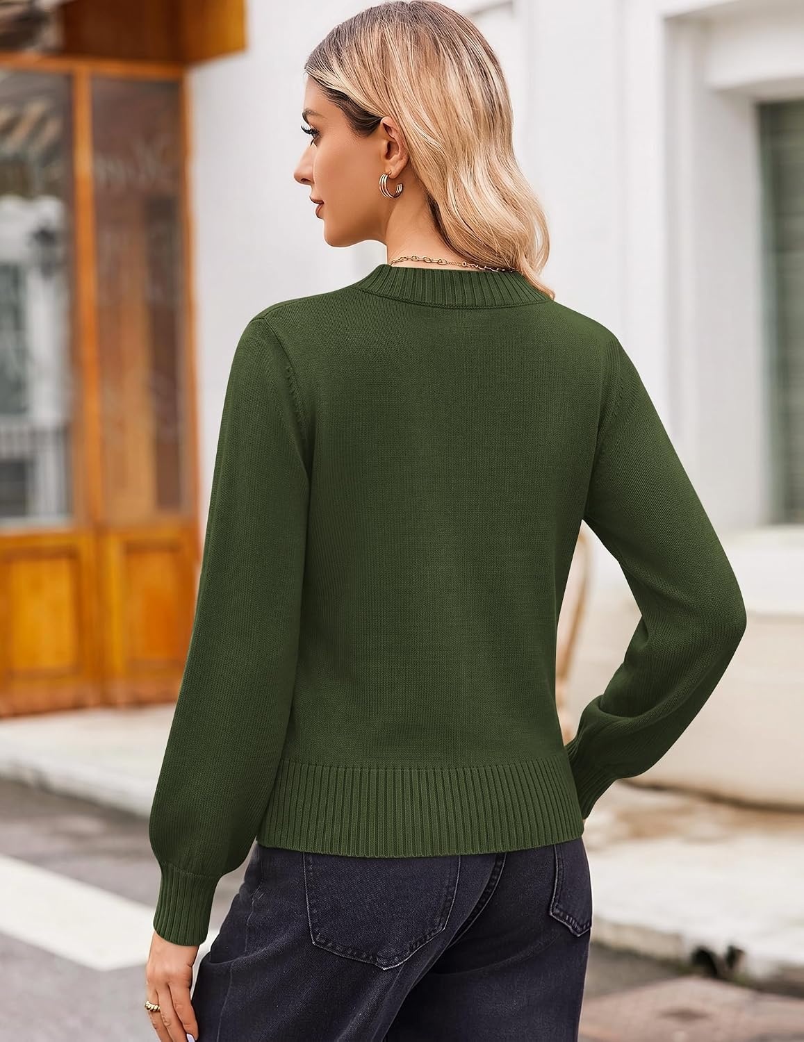 image:imageZeagoo Womens Cropped V Neck Sweaters 2026 Fall Trendy Long Latern Sleeve Ribbed Knit Pullover Sweater TopsArmy Green