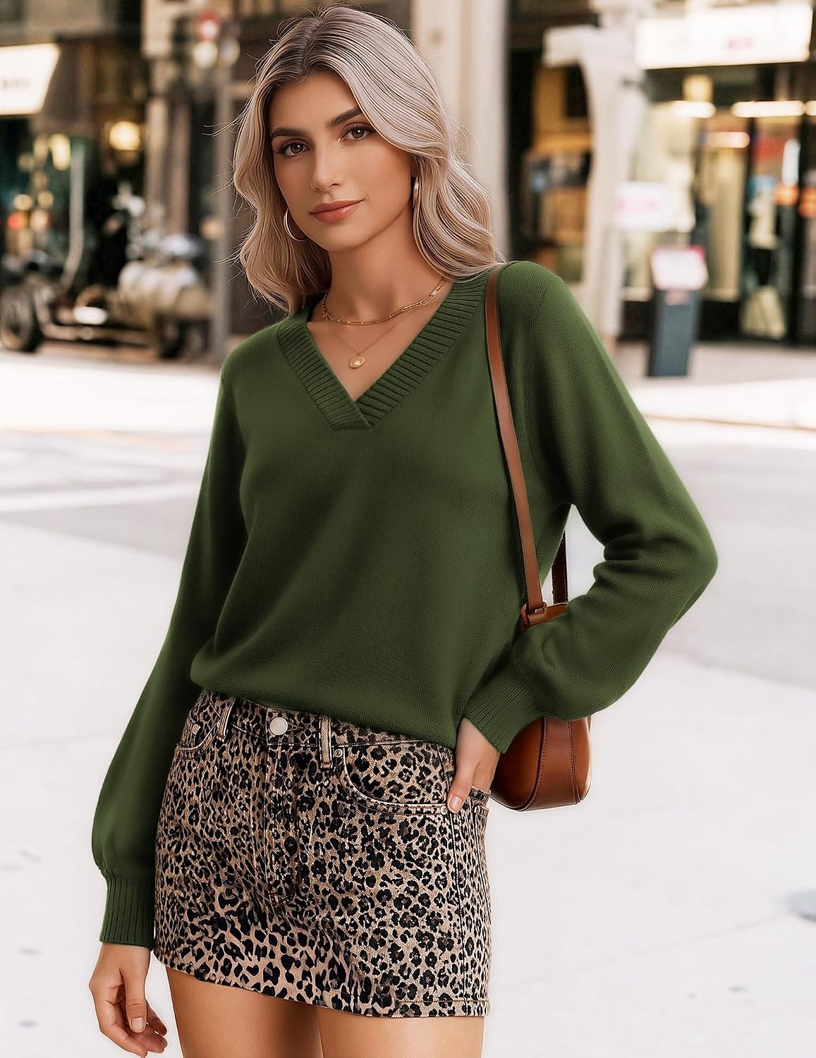 image:imageZeagoo Womens Cropped V Neck Sweaters 2026 Fall Trendy Long Latern Sleeve Ribbed Knit Pullover Sweater TopsArmy Green