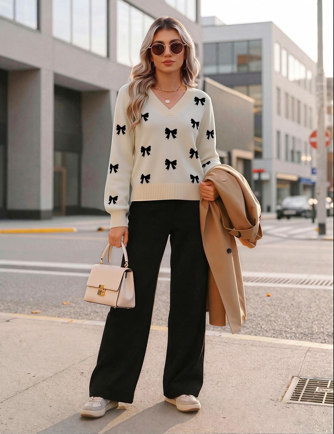 image:imageZeagoo Womens Cropped V Neck Sweaters 2026 Fall Trendy Long Latern Sleeve Ribbed Knit Pullover Sweater TopsBowblack Khaki