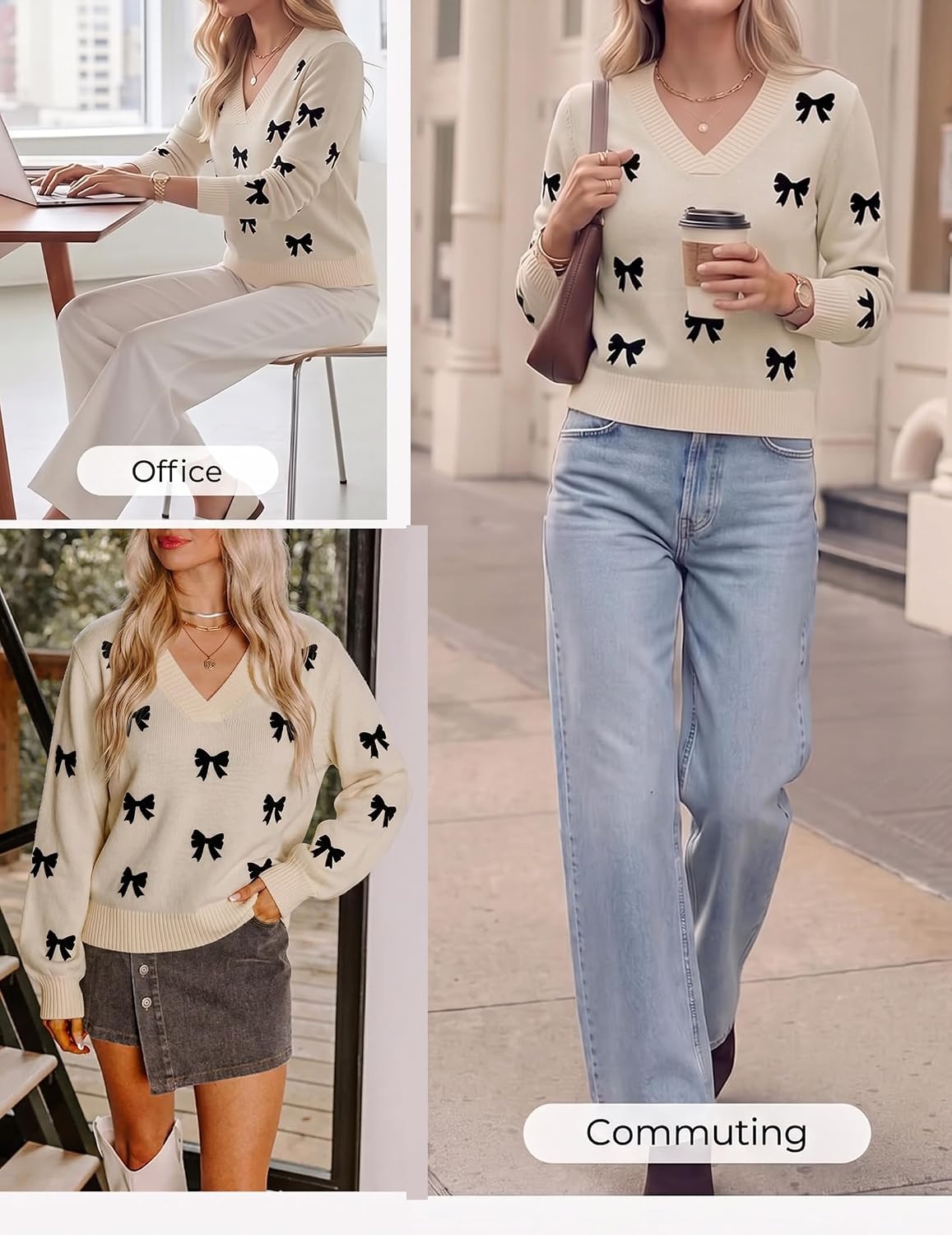 image:imageZeagoo Womens Cropped V Neck Sweaters 2026 Fall Trendy Long Latern Sleeve Ribbed Knit Pullover Sweater TopsBowblack Khaki