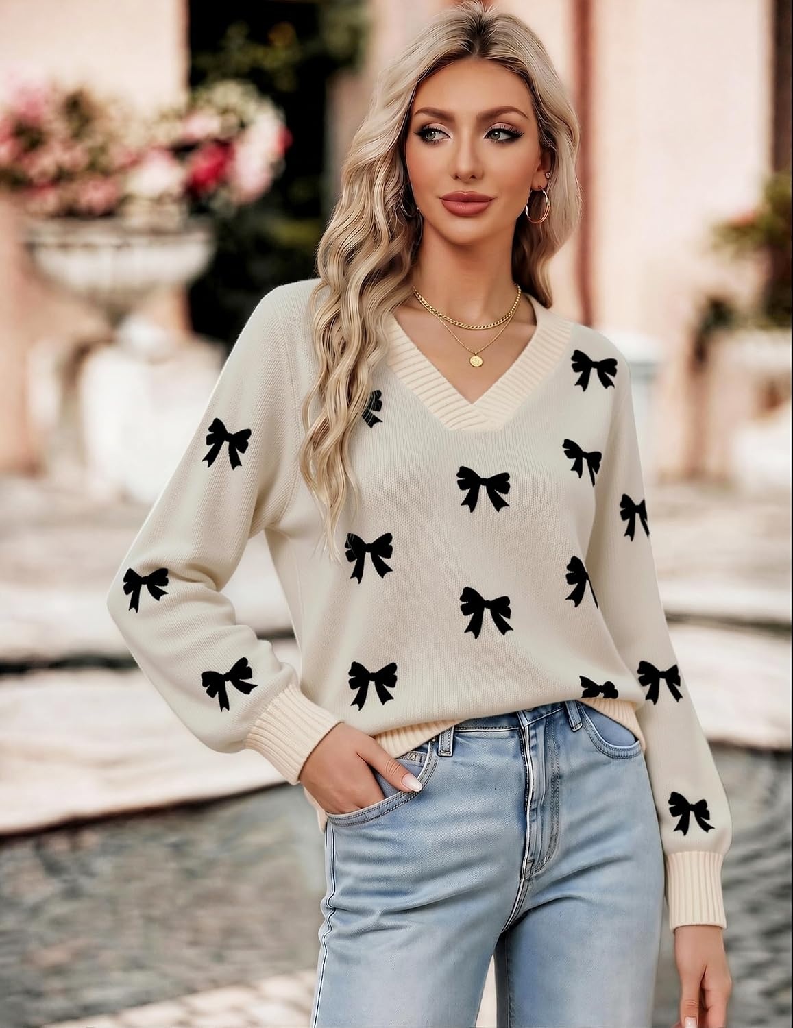image:imageZeagoo Womens Cropped V Neck Sweaters 2026 Fall Trendy Long Latern Sleeve Ribbed Knit Pullover Sweater TopsBowblack Khaki