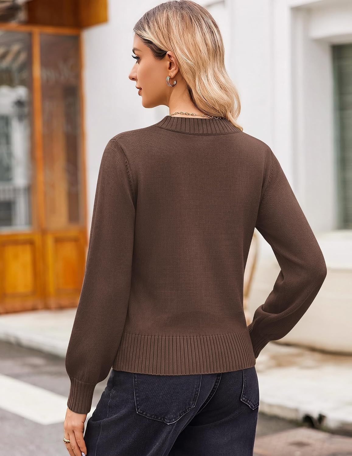 image:imageZeagoo Womens Cropped V Neck Sweaters 2026 Fall Trendy Long Latern Sleeve Ribbed Knit Pullover Sweater TopsBrown
