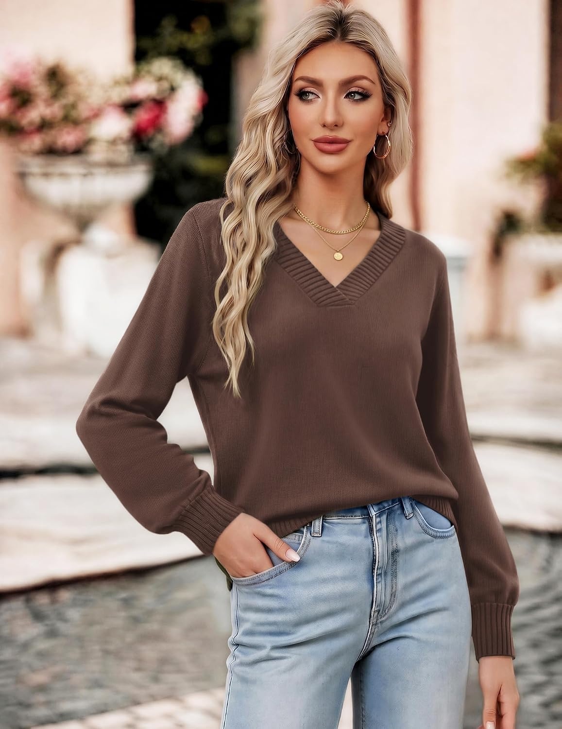 image:imageZeagoo Womens Cropped V Neck Sweaters 2026 Fall Trendy Long Latern Sleeve Ribbed Knit Pullover Sweater TopsBrown
