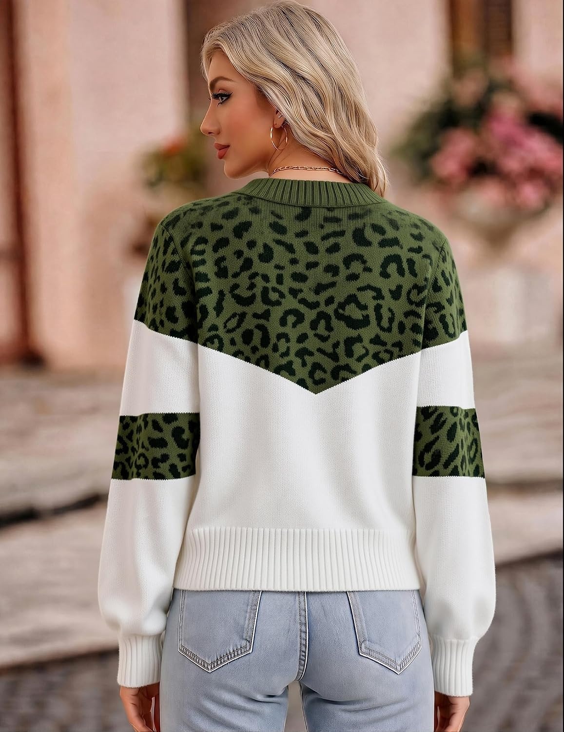 image:imageZeagoo Womens Cropped V Neck Sweaters 2026 Fall Trendy Long Latern Sleeve Ribbed Knit Pullover Sweater TopsLeopardarmy White