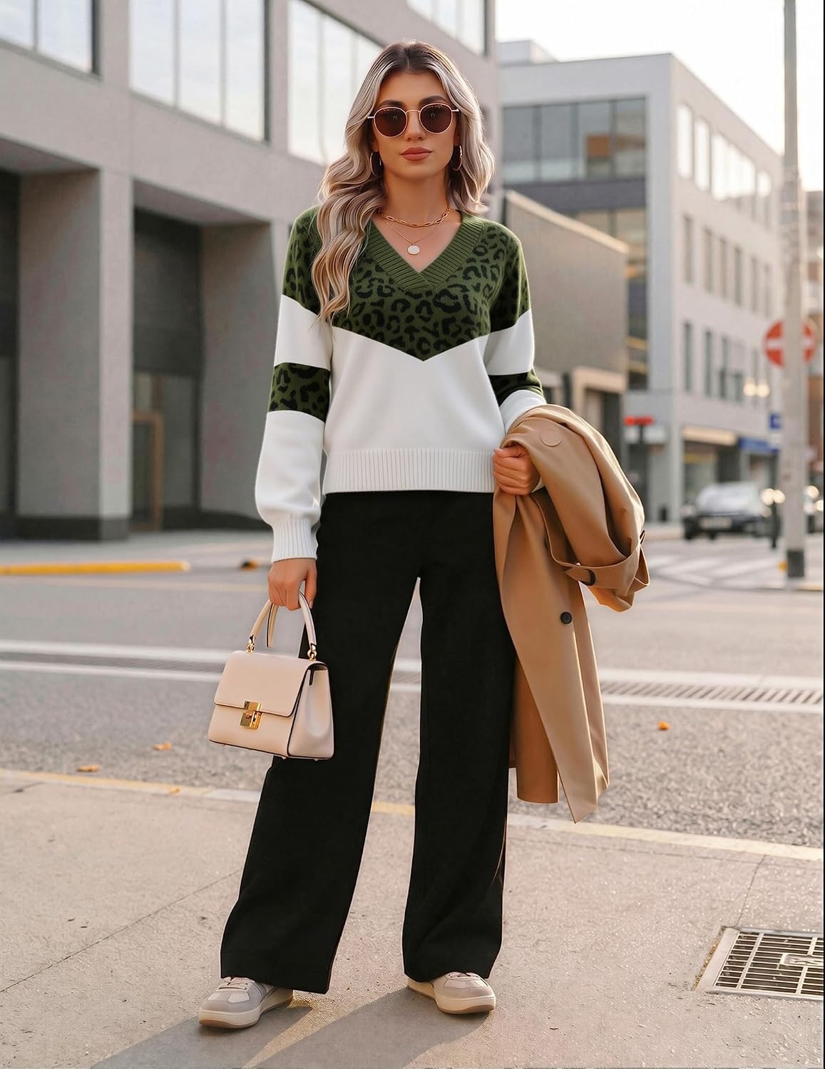 image:imageZeagoo Womens Cropped V Neck Sweaters 2026 Fall Trendy Long Latern Sleeve Ribbed Knit Pullover Sweater TopsLeopardarmy White