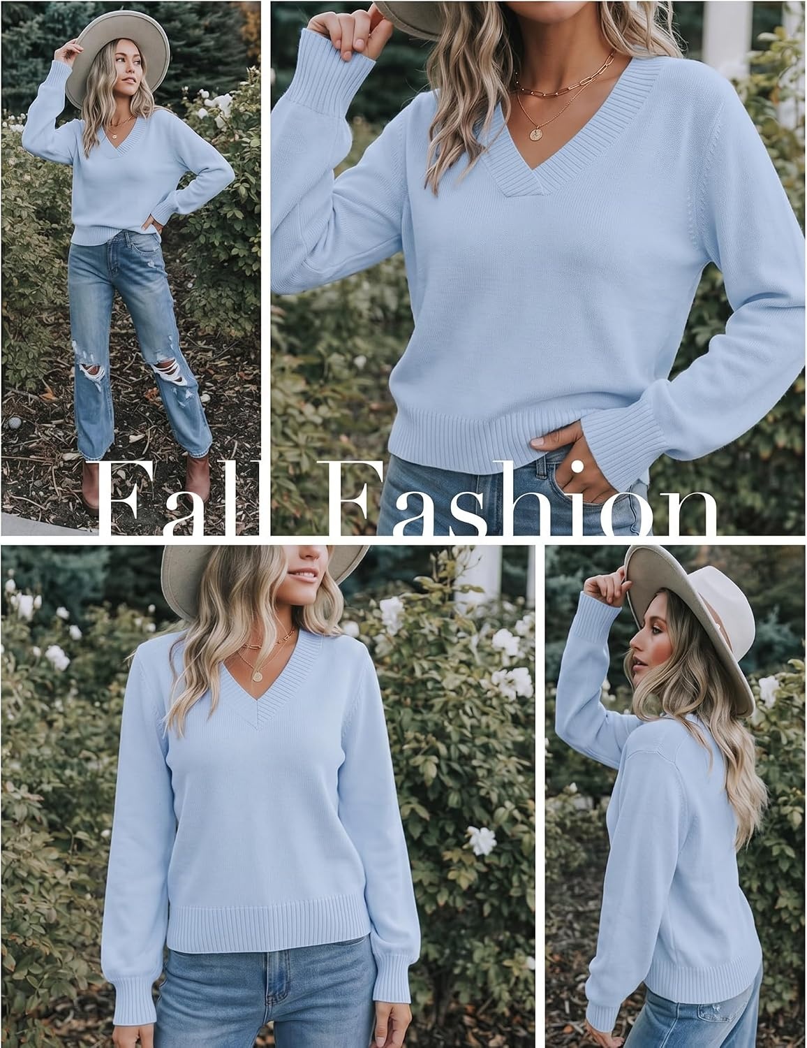 image:imageZeagoo Womens Cropped V Neck Sweaters 2026 Fall Trendy Long Latern Sleeve Ribbed Knit Pullover Sweater TopsLight Blue