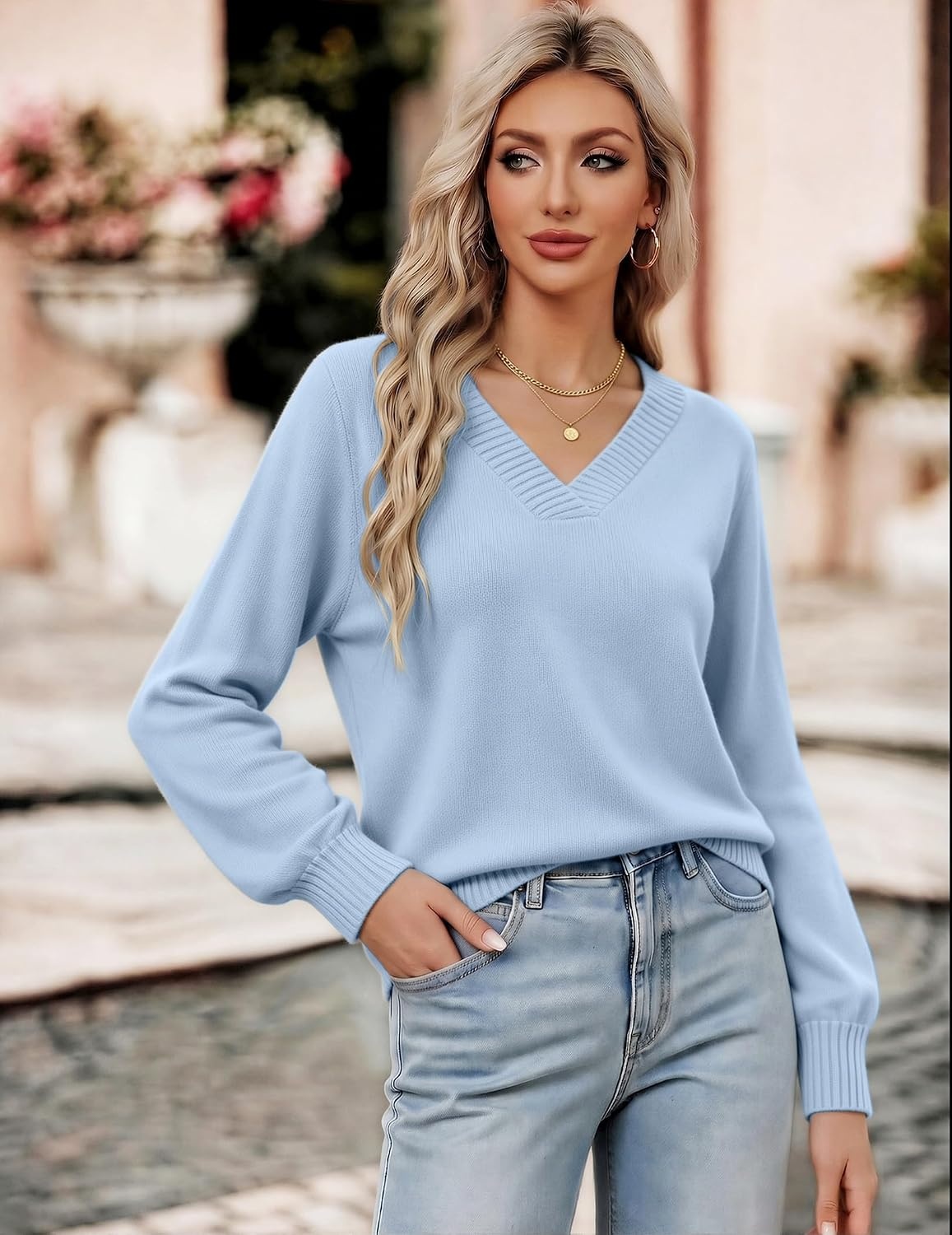 image:imageZeagoo Womens Cropped V Neck Sweaters 2026 Fall Trendy Long Latern Sleeve Ribbed Knit Pullover Sweater TopsLight Blue